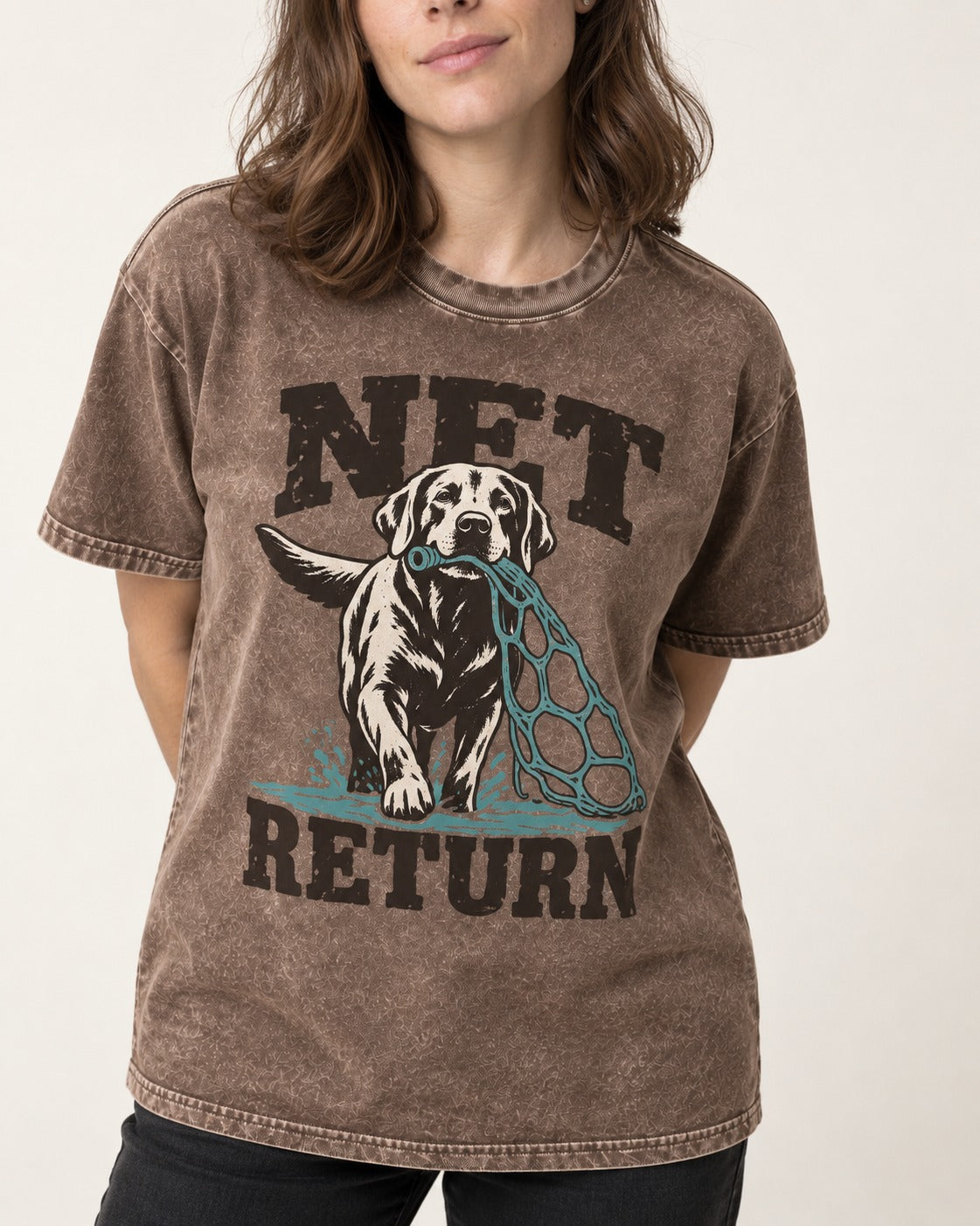 Net Return Labrador Retriever Washed Tee in Coffee, worn by a model, front view