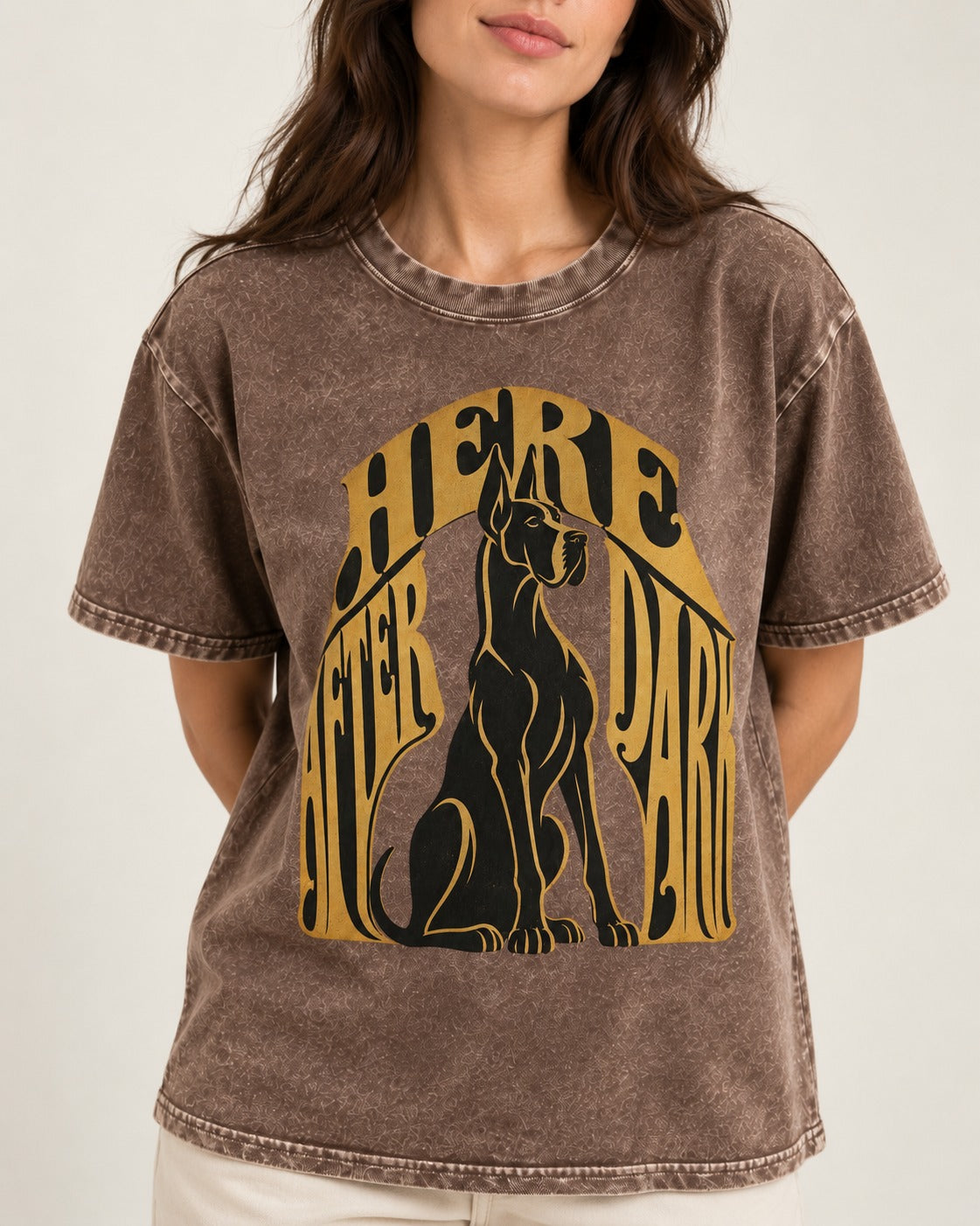 Great Dane Here After Dark Washed Tee in Coffee, worn by a model, front view