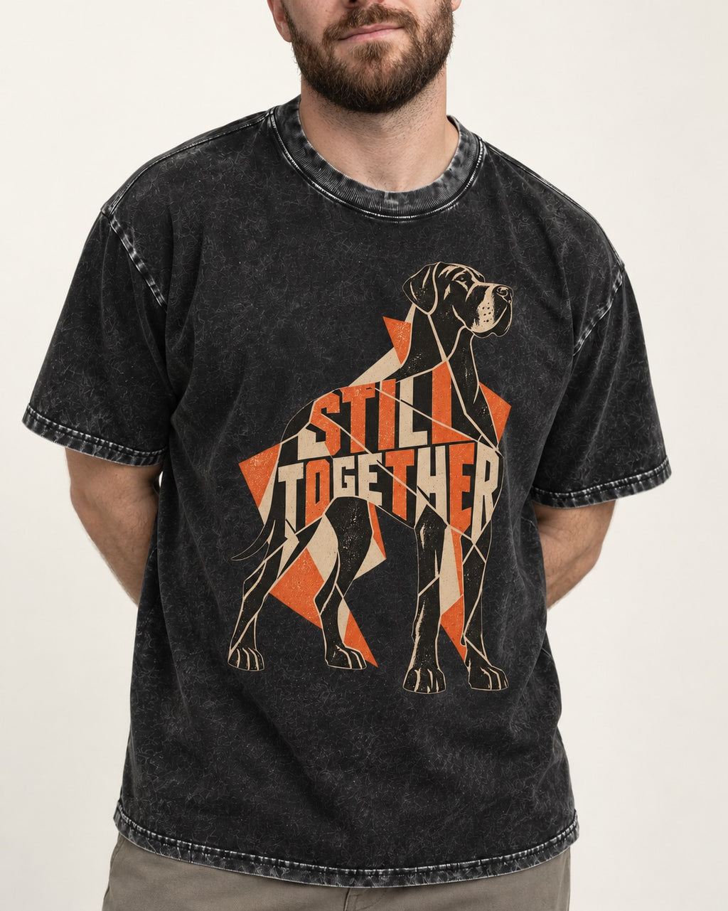 Great Dane Still Together Geometric Mosaic Graphic Washed Tee in Black, worn by a model, front view