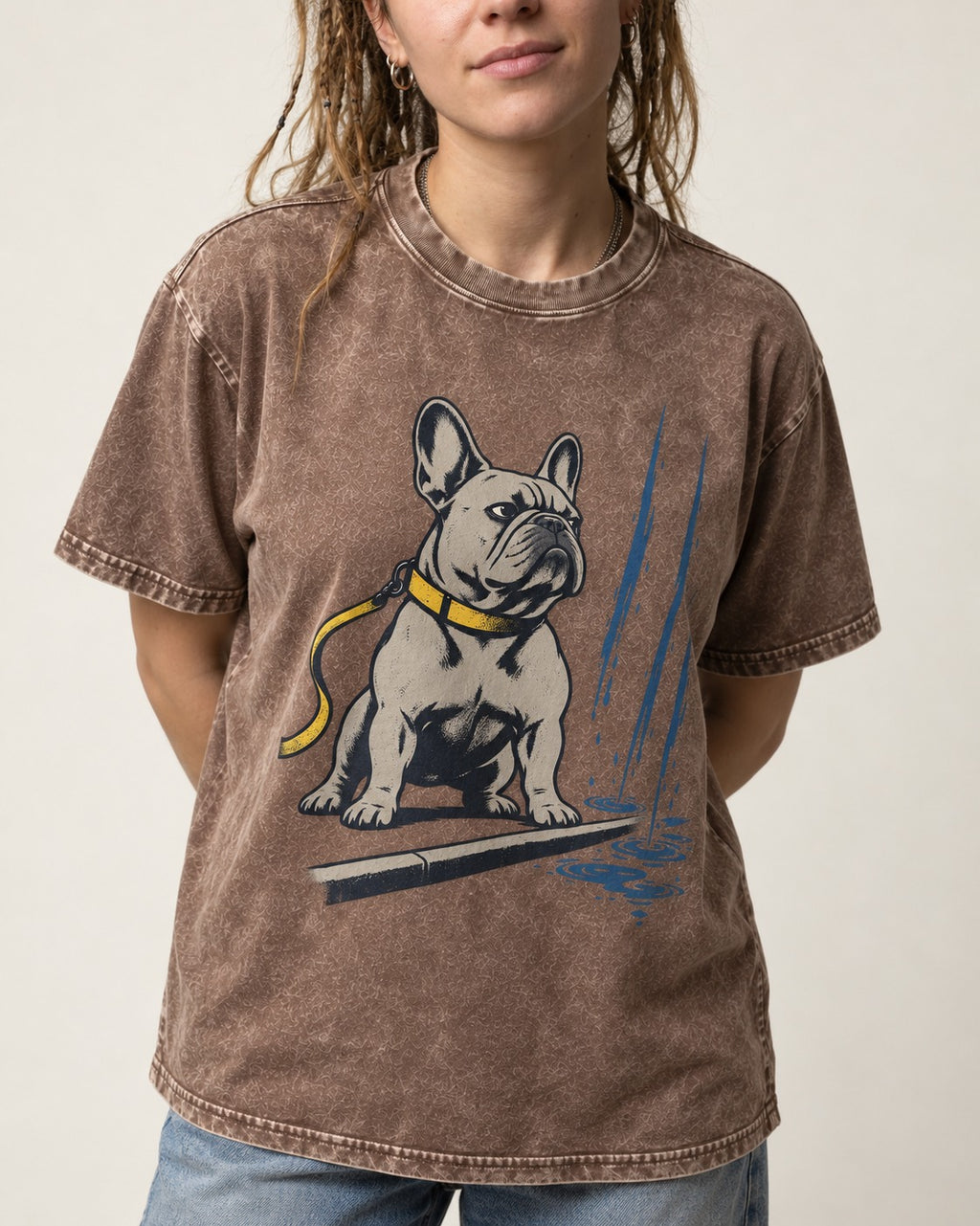 Frenchie Has Standards Washed Tee in Coffee, worn by a model, front view