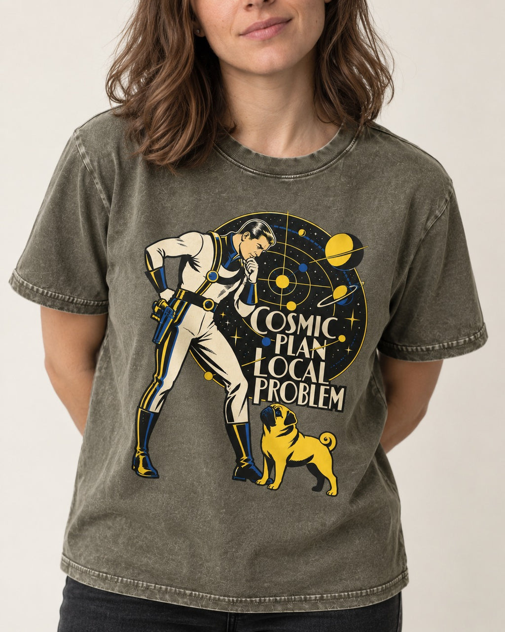 Pug Cosmic Plan Local Problem Astronaut Graphic Washed Tee in Army Green, worn by a model, front view