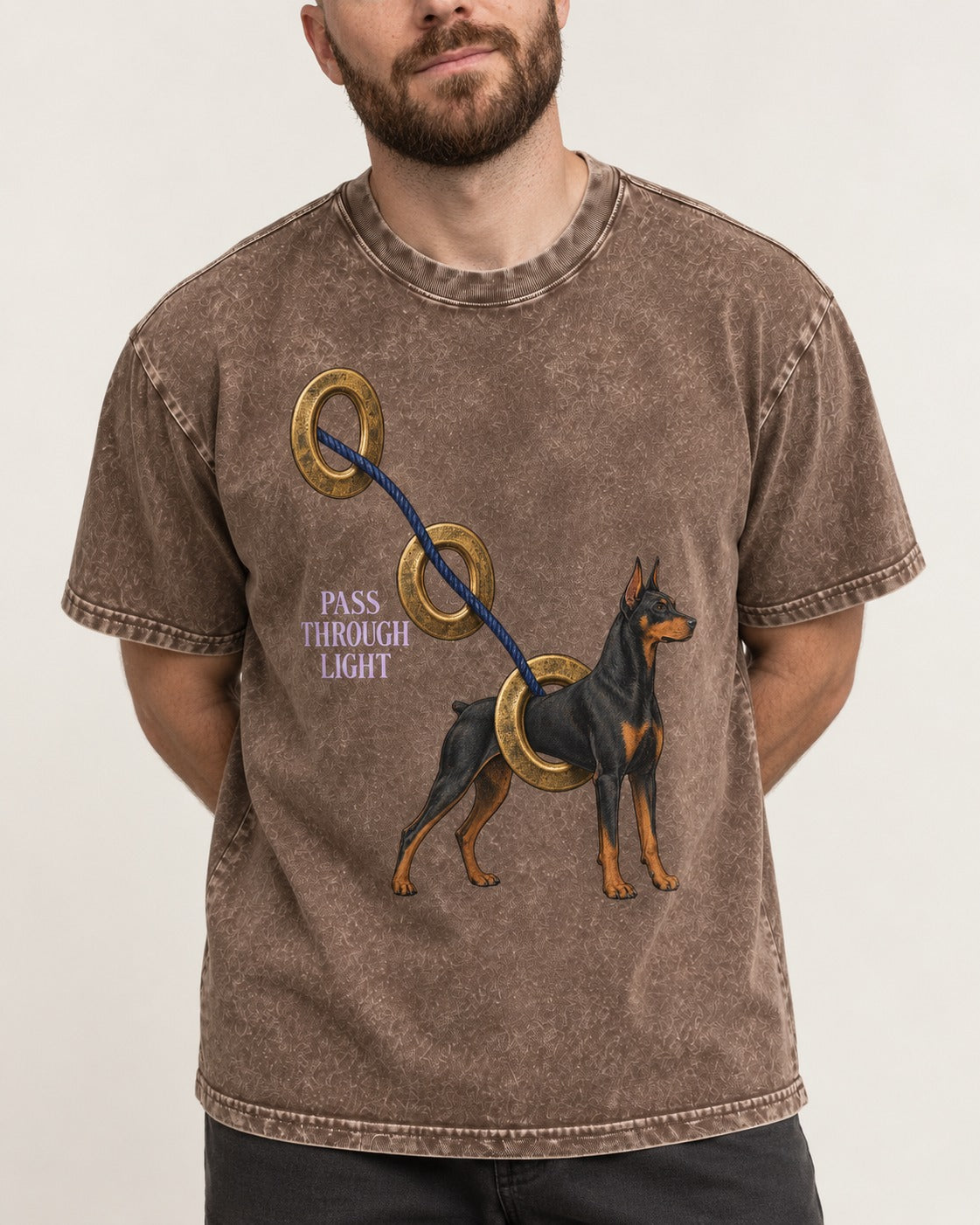 Doberman Pass Through Light Ring Graphic Washed Tee in Coffee, worn by a model, front view