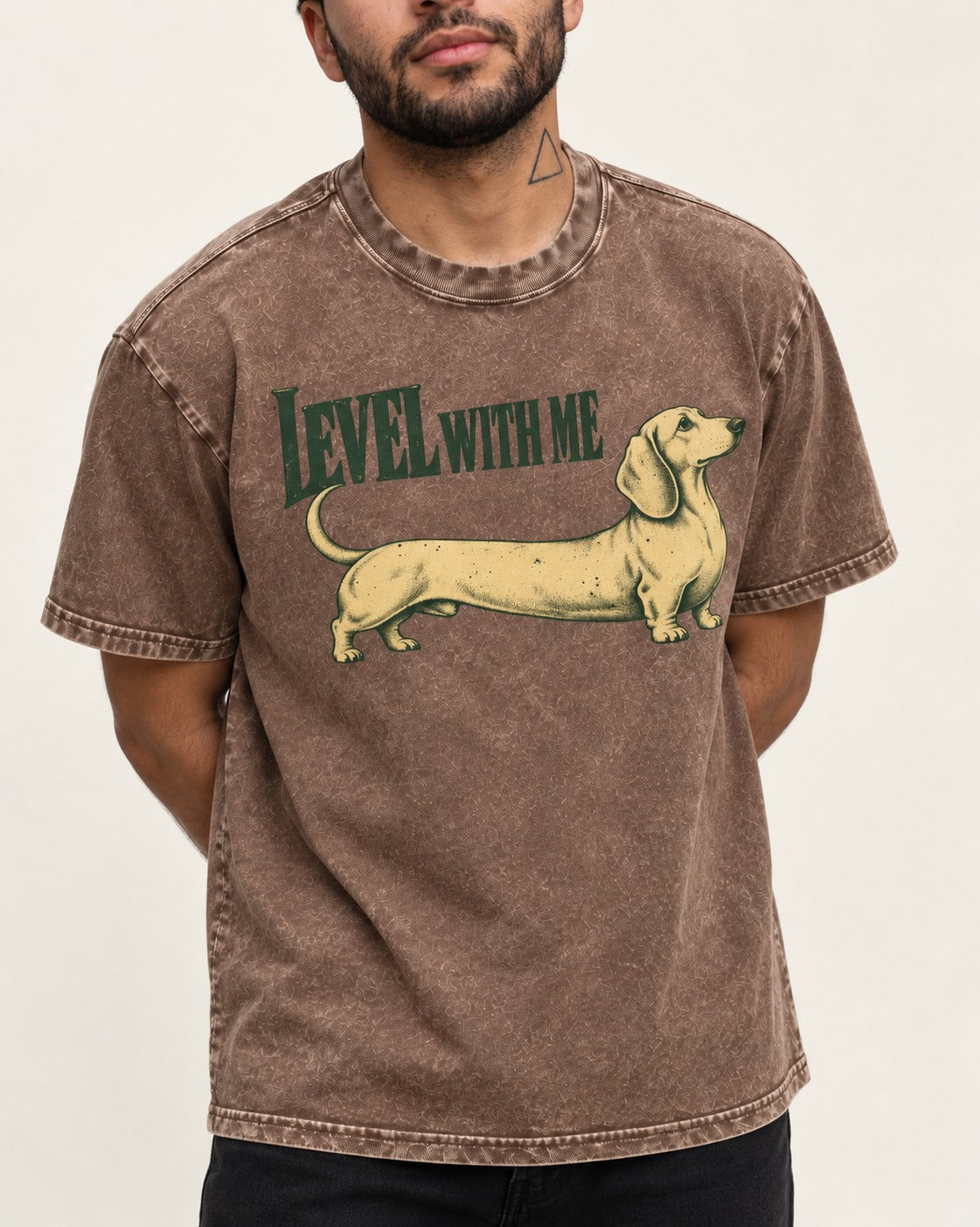 Dachshund Level with Me Washed Tee in Coffee, worn by a model, front view