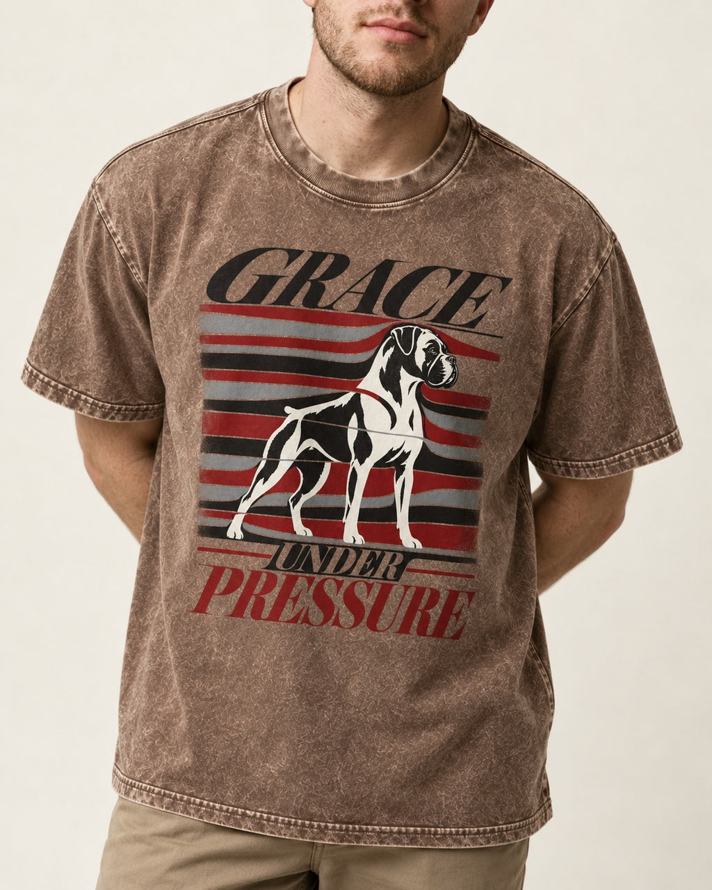 Boxer Grace Under Pressure Washed Tee in Coffee, worn by a model, front view