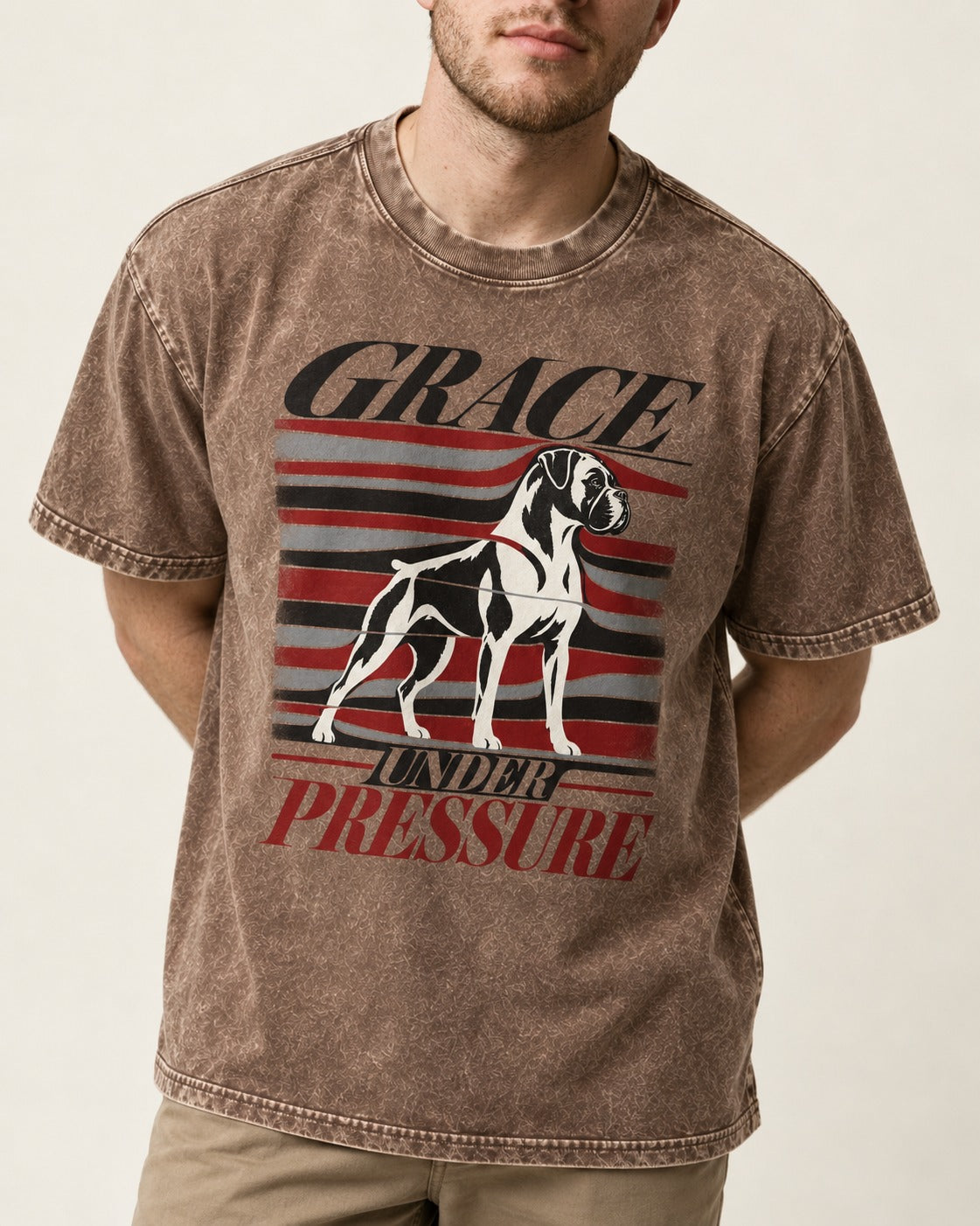 Boxer Grace Under Pressure Washed Tee in Coffee, worn by a model, front view