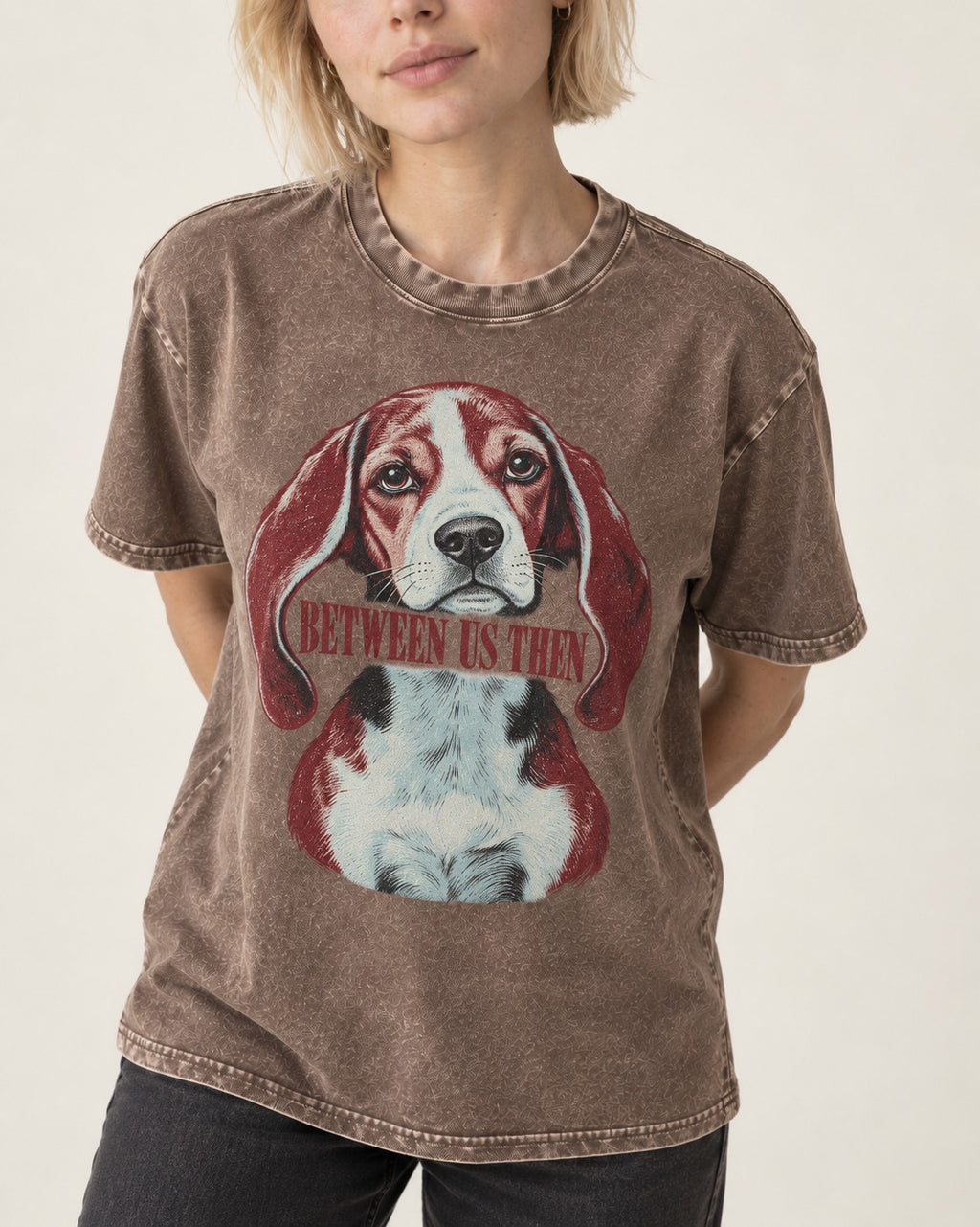 Beagle Between Us Then Washed Tee in Coffee, worn by a model, front view