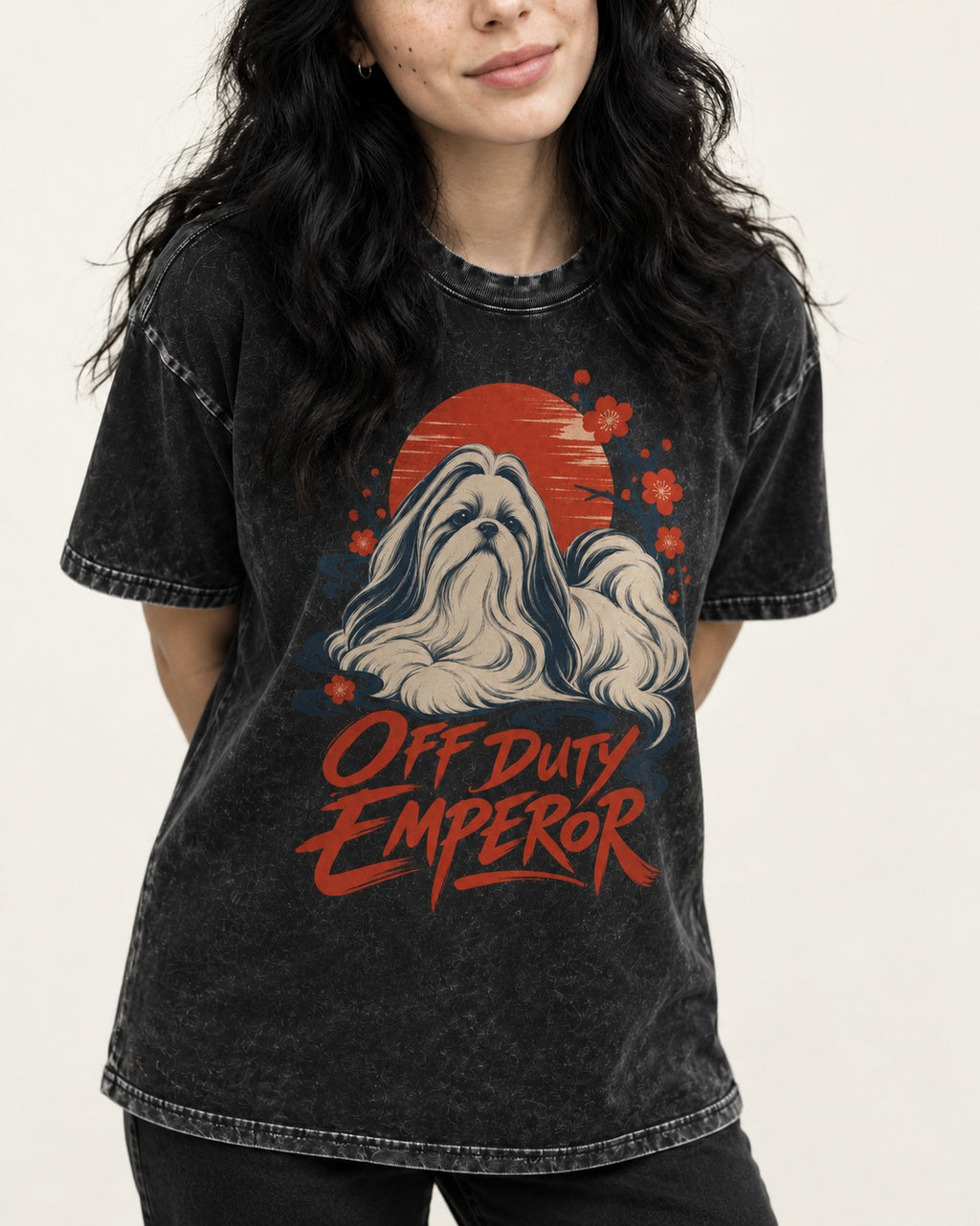 Shih Tzu Off Duty Emperor Sunset Blossom Graphic Washed Tee in Black, worn by a model, front view