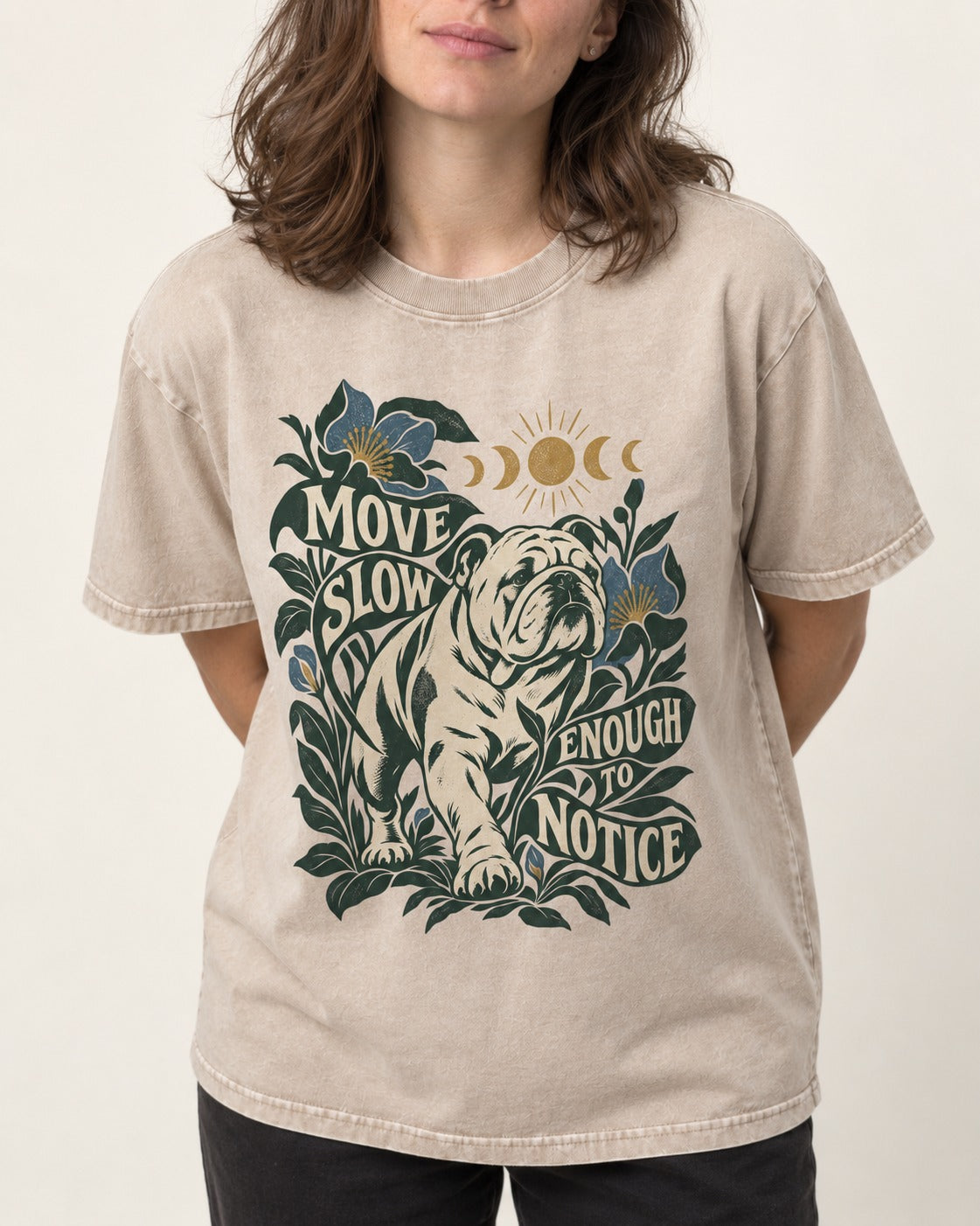 Move Slow English Bulldog Washed Tee in Apricot, worn by a model, front view
