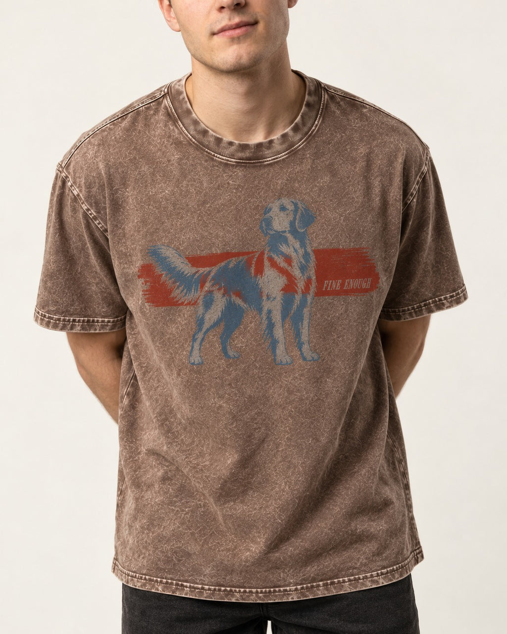 Fine Enough Golden Retriever Washed Tee in Coffee, worn by a model, front view