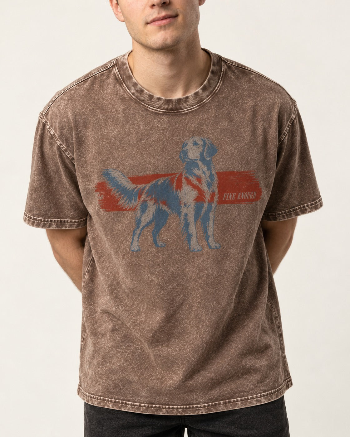 Fine Enough Golden Retriever Washed Tee in Coffee, worn by a model, front view