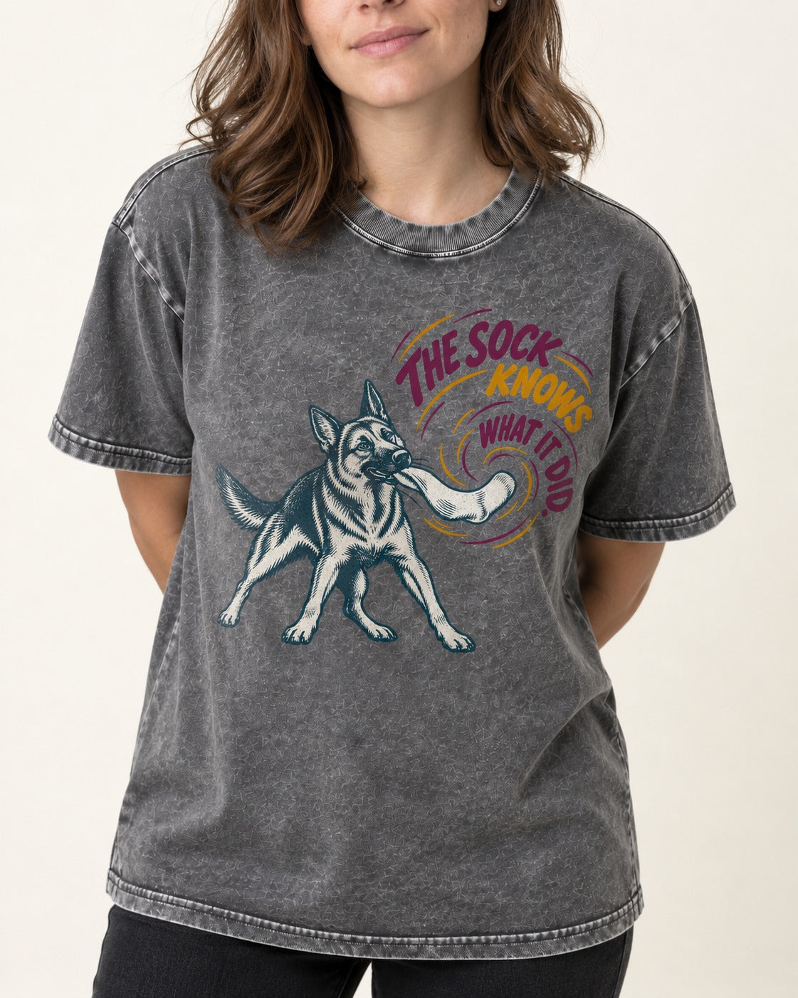 German Shepherd Dog The Sock Knows What I Did Graphic Washed Tee in Gray, worn by a model, front view