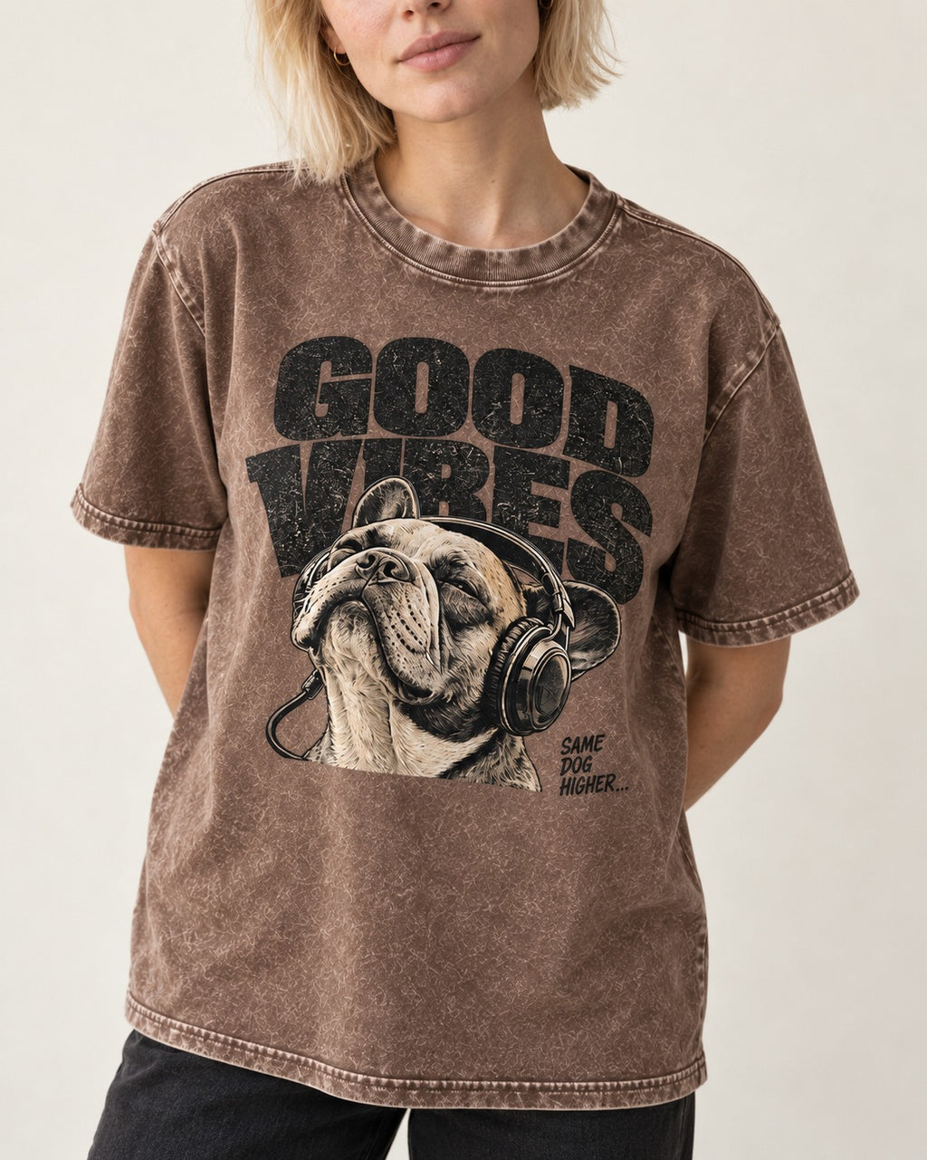 Frenchie Good Vibes Washed Tee in Coffee, worn by a model, front view