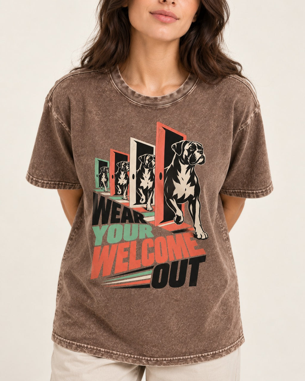 Wear Your Welcome Out Boxer Doorway Progression Graphic Washed Tee in Coffee, worn by a model, front view