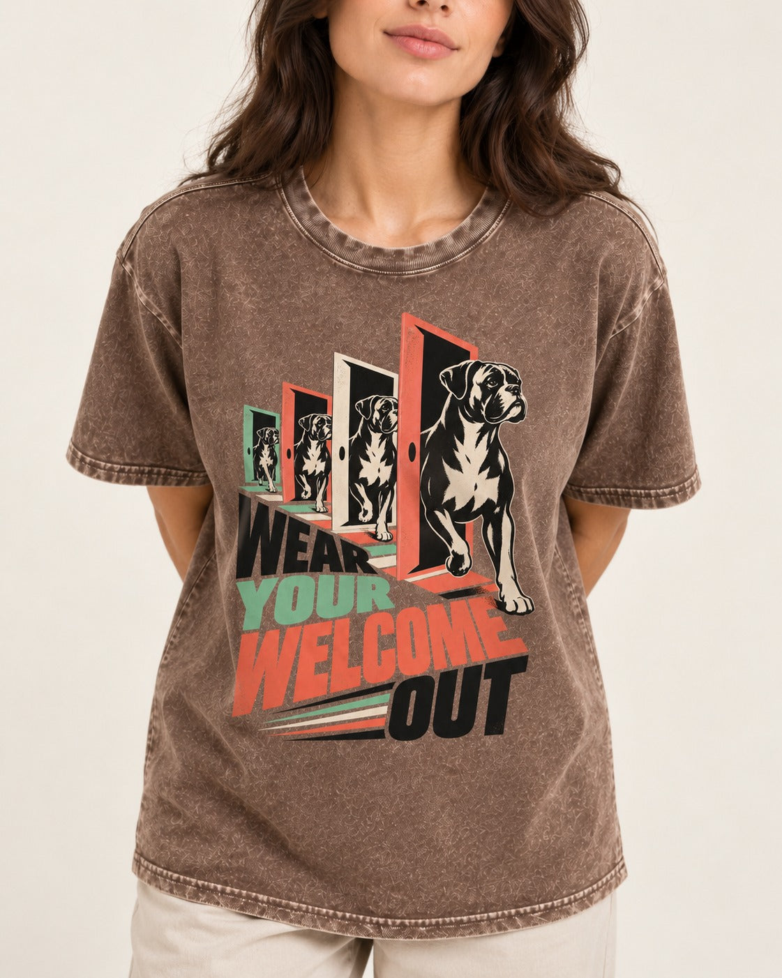 Wear Your Welcome Out Boxer Doorway Progression Graphic Washed Tee in Coffee, worn by a model, front view