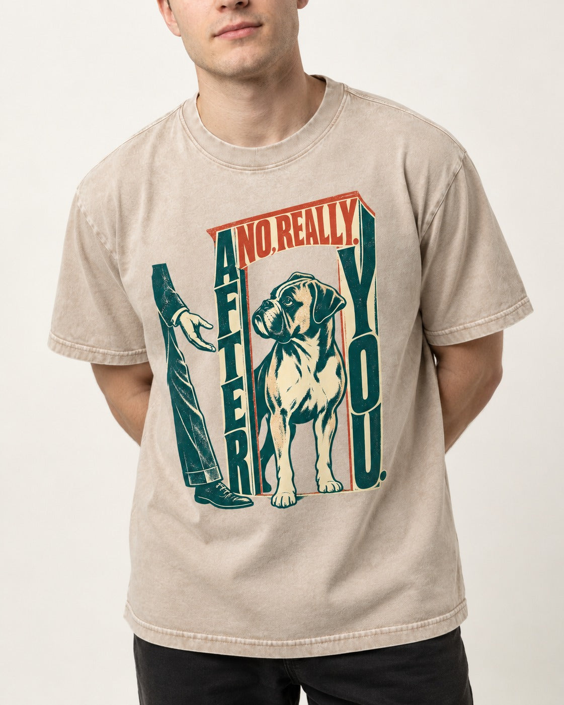 Boxer Says After You Washed Tee in Apricot, worn by a model, front view