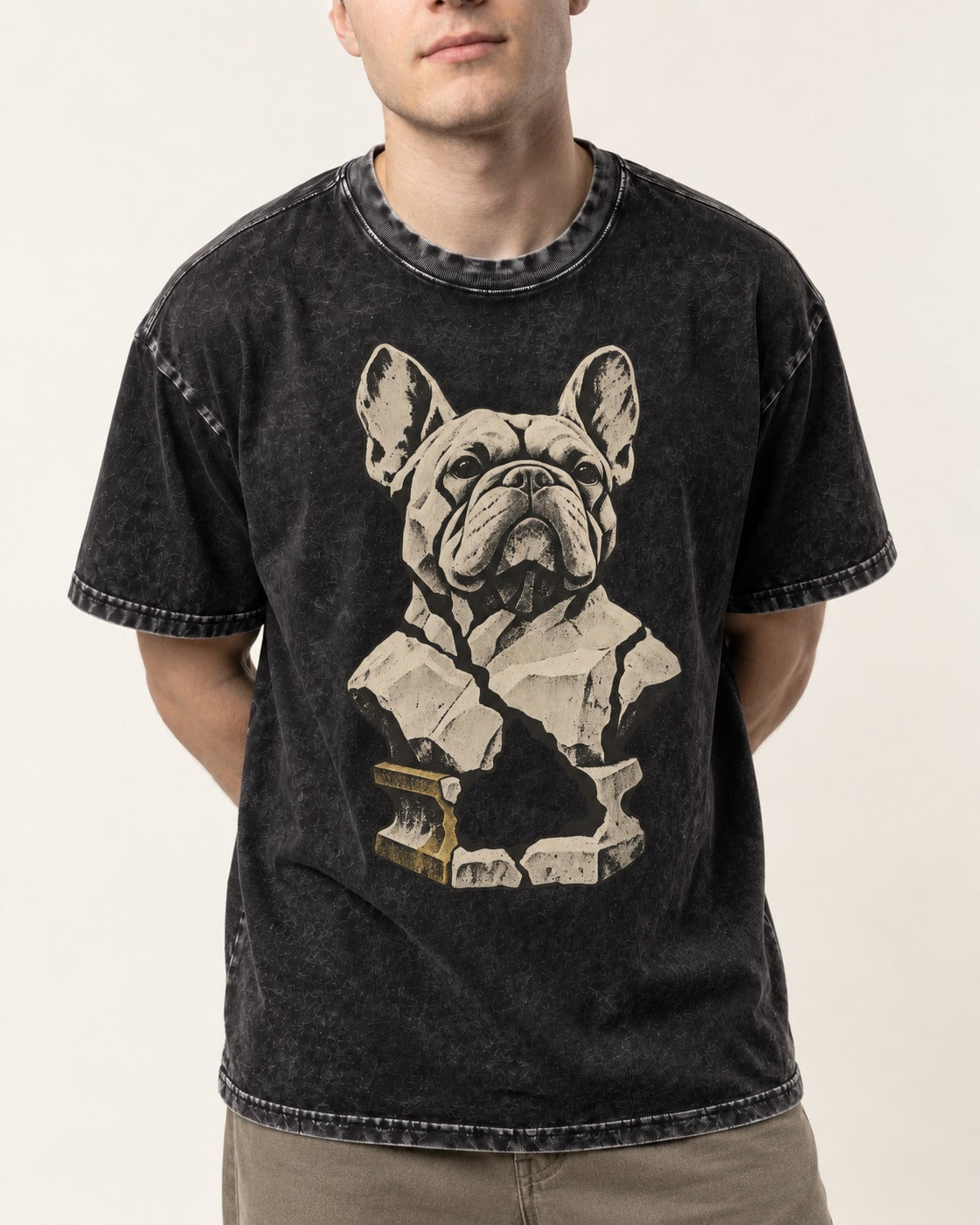 Frenchie Fractured Stone Bust Graphic Washed Tee in Black, worn by a model, front view
