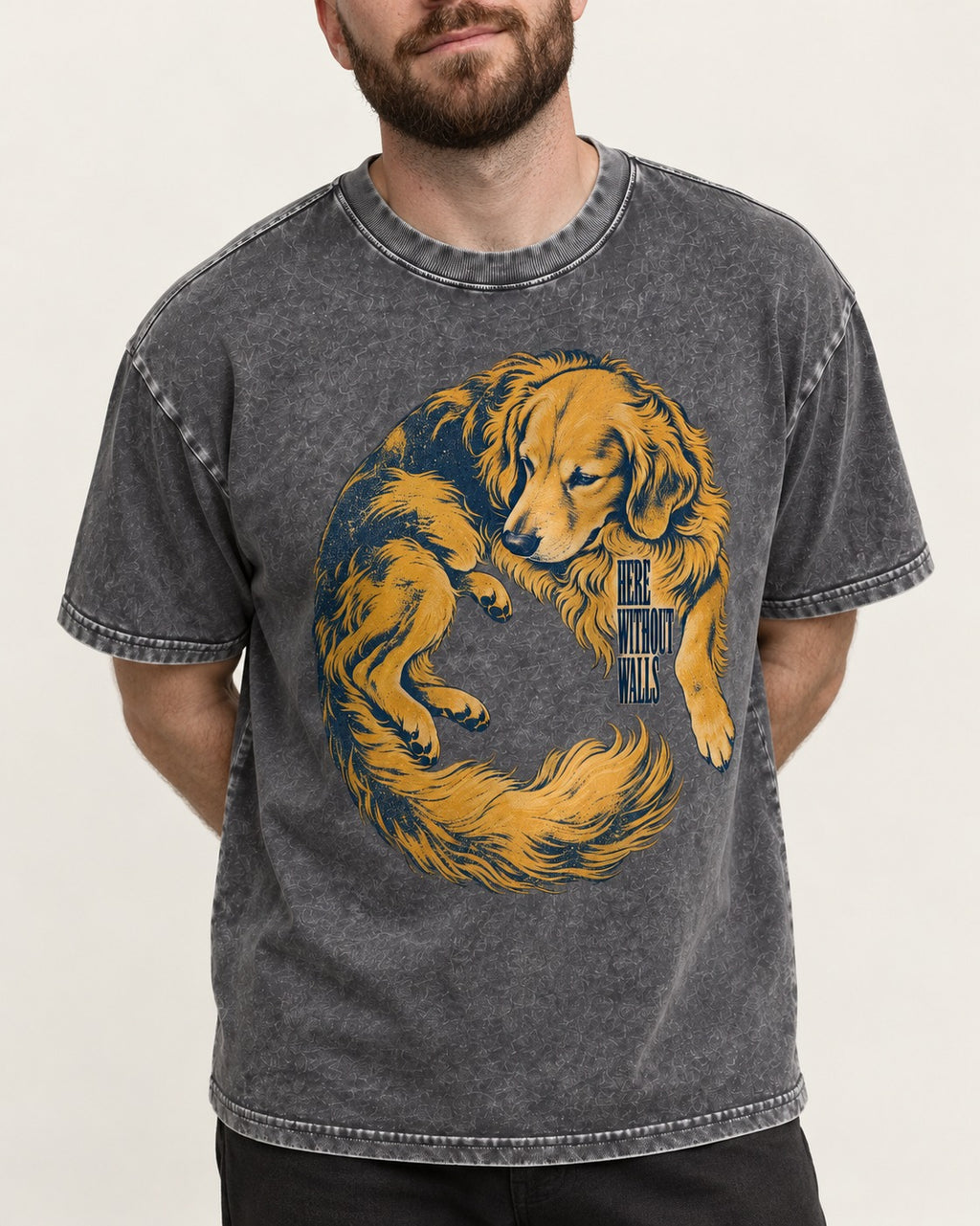 Golden Retriever Here Without Walls Curled Portrait Graphic Washed Tee in Gray, worn by a model, front view