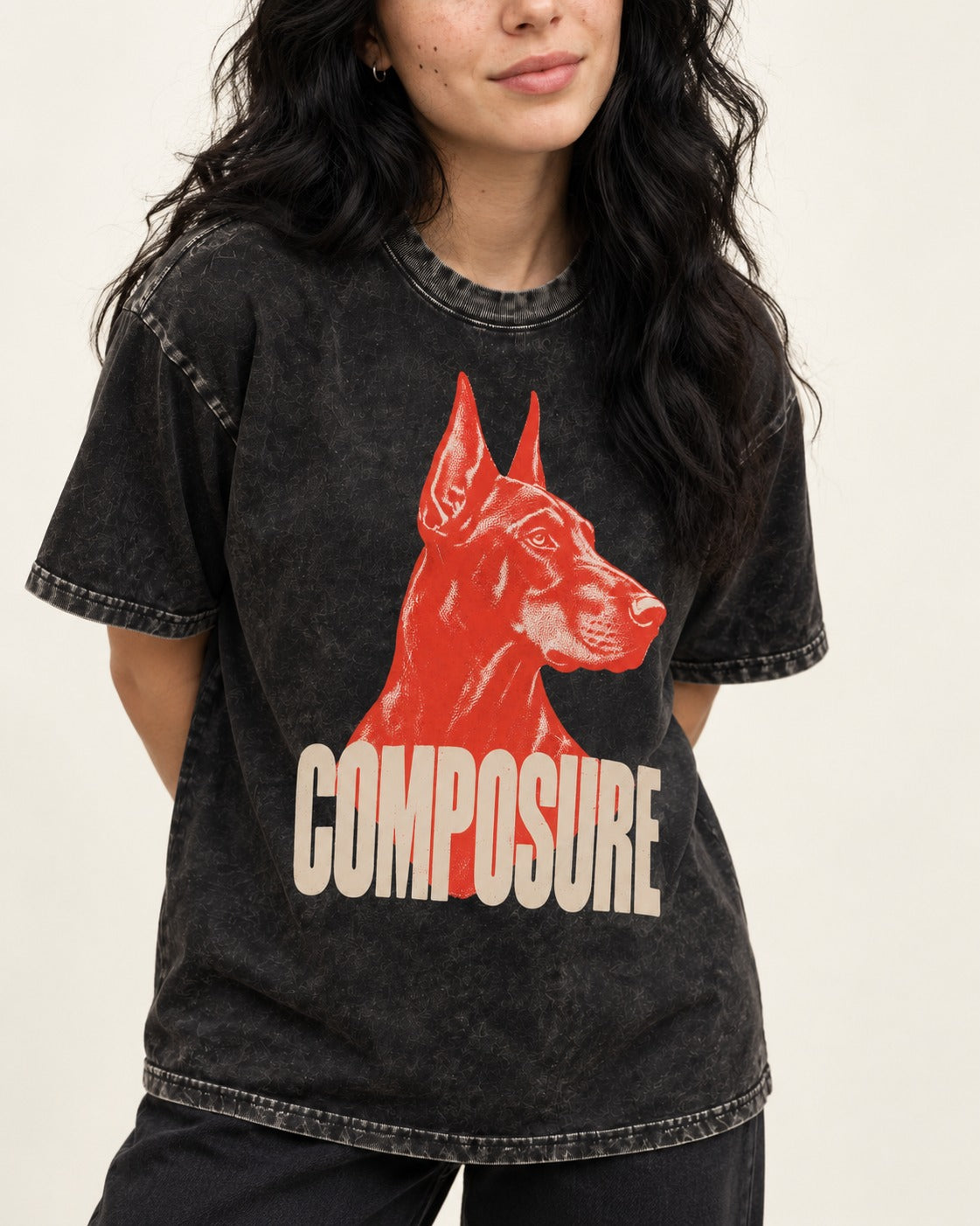 Doberman Composure Portrait Graphic Washed Tee in Black, worn by a model, front view