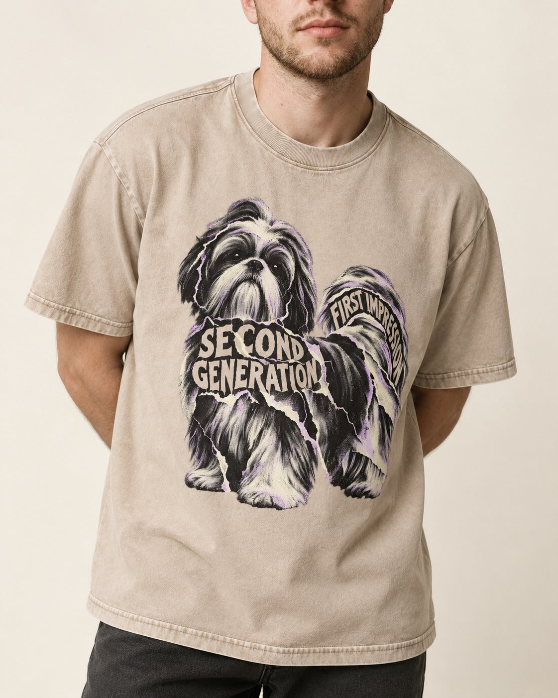 Second Generation Shih Tzu Washed Tee in Apricot, worn by a model, front view