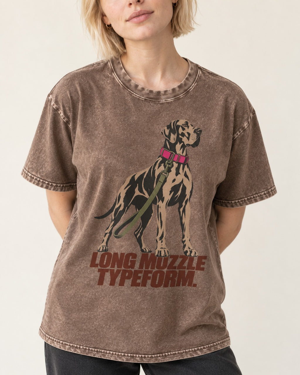 Long Muzzle Typeform Great Dane Washed Tee in Coffee, worn by a model, front view