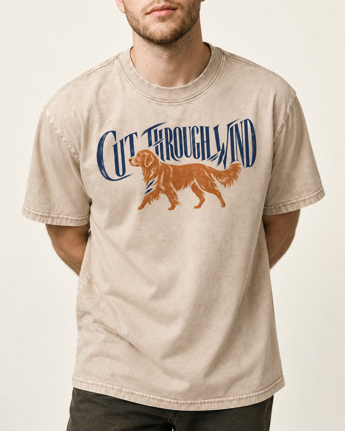 Golden Retriever Cut Through Land Washed Tee in Apricot, worn by a model, front view