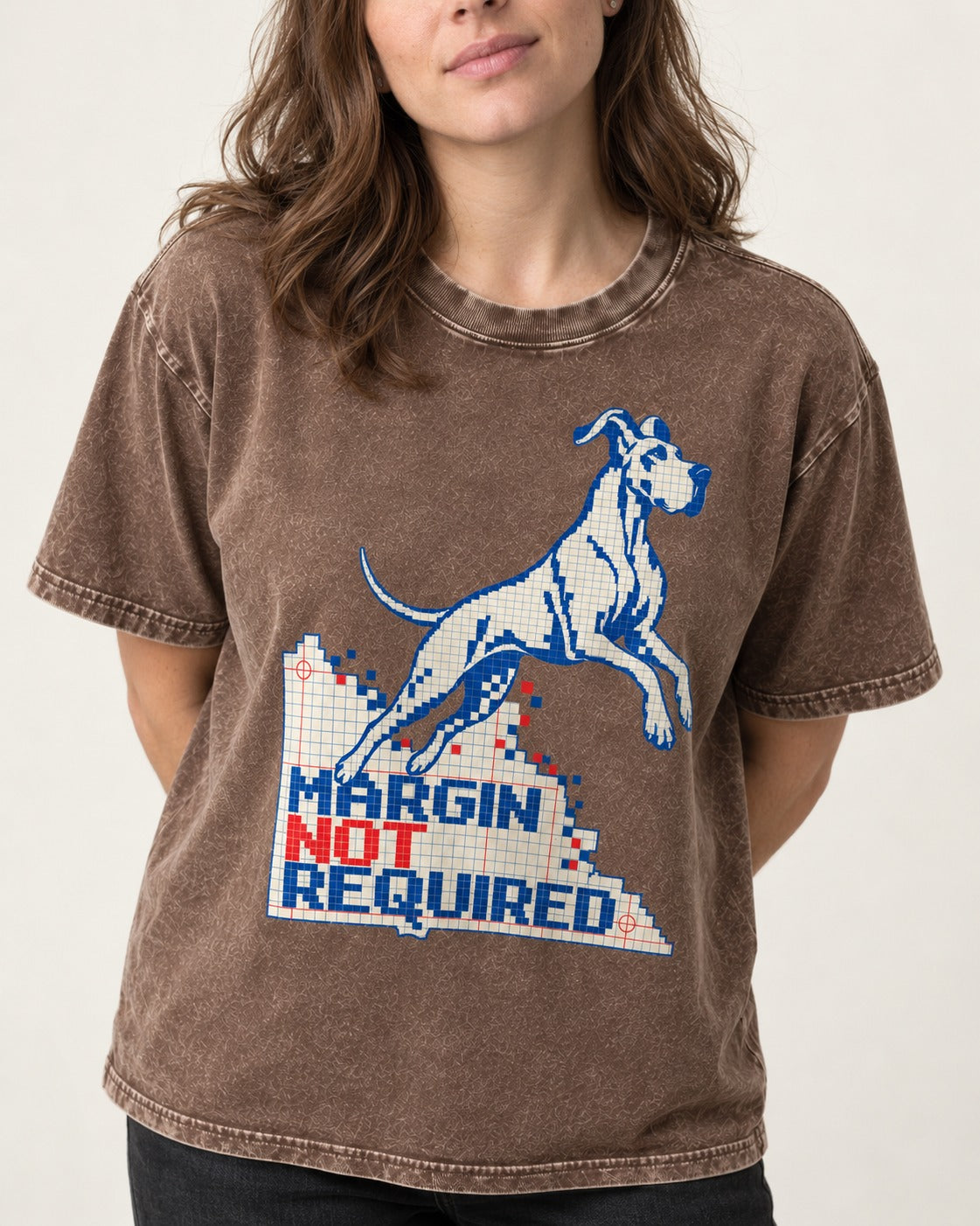 Great Dane Margin Not Required Washed Tee in Coffee, worn by a model, front view