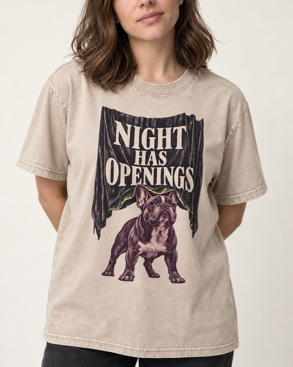 Night Has Openings Frenchie Washed Tee in Apricot, worn by a model, front view