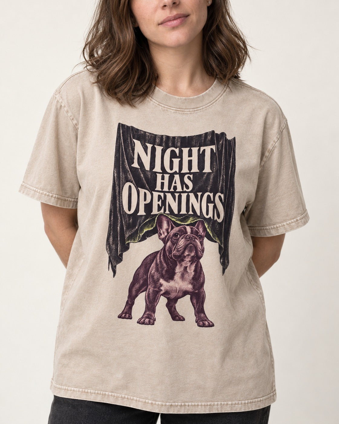 Night Has Openings Frenchie Washed Tee in Apricot, worn by a model, front view