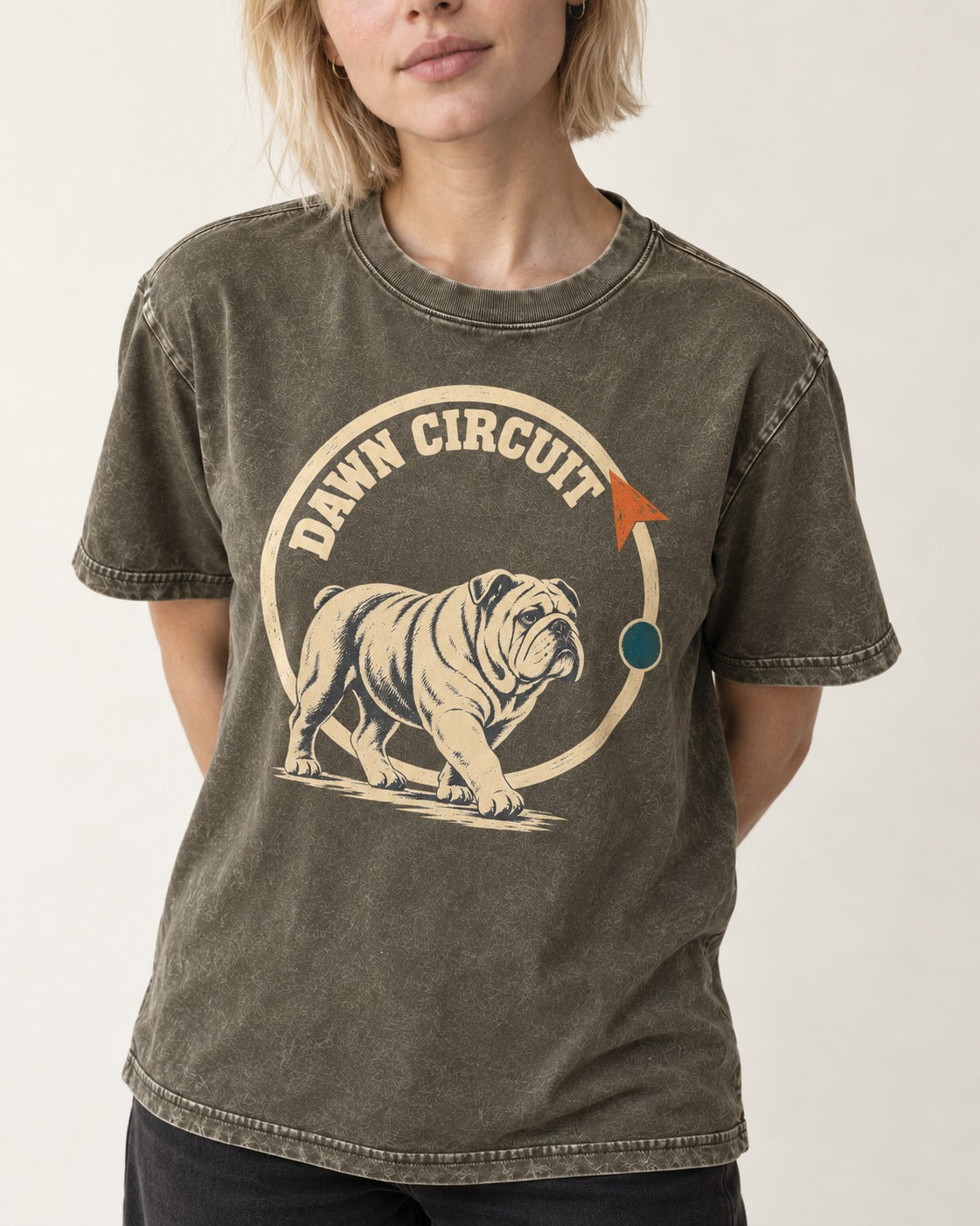 English Bulldog Dawn Circuit Emblem Washed Tee in Army Green, worn by a model, front view