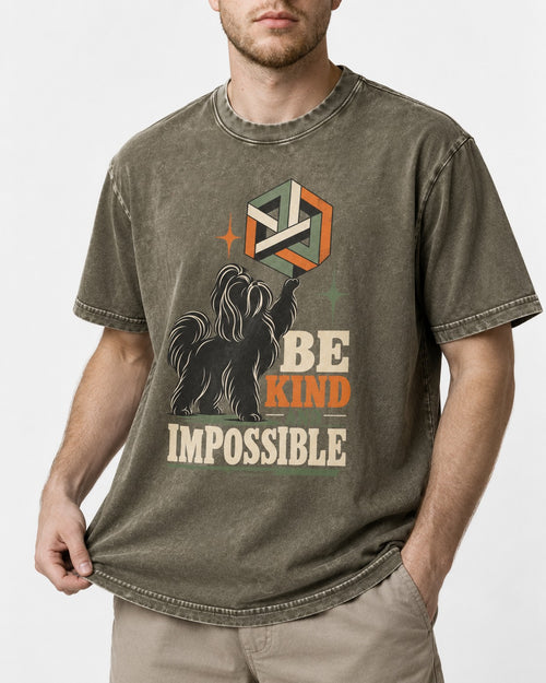 Be Kind and Impossible Shih Tzu Washed Tee in Army Green, worn by a model, front view