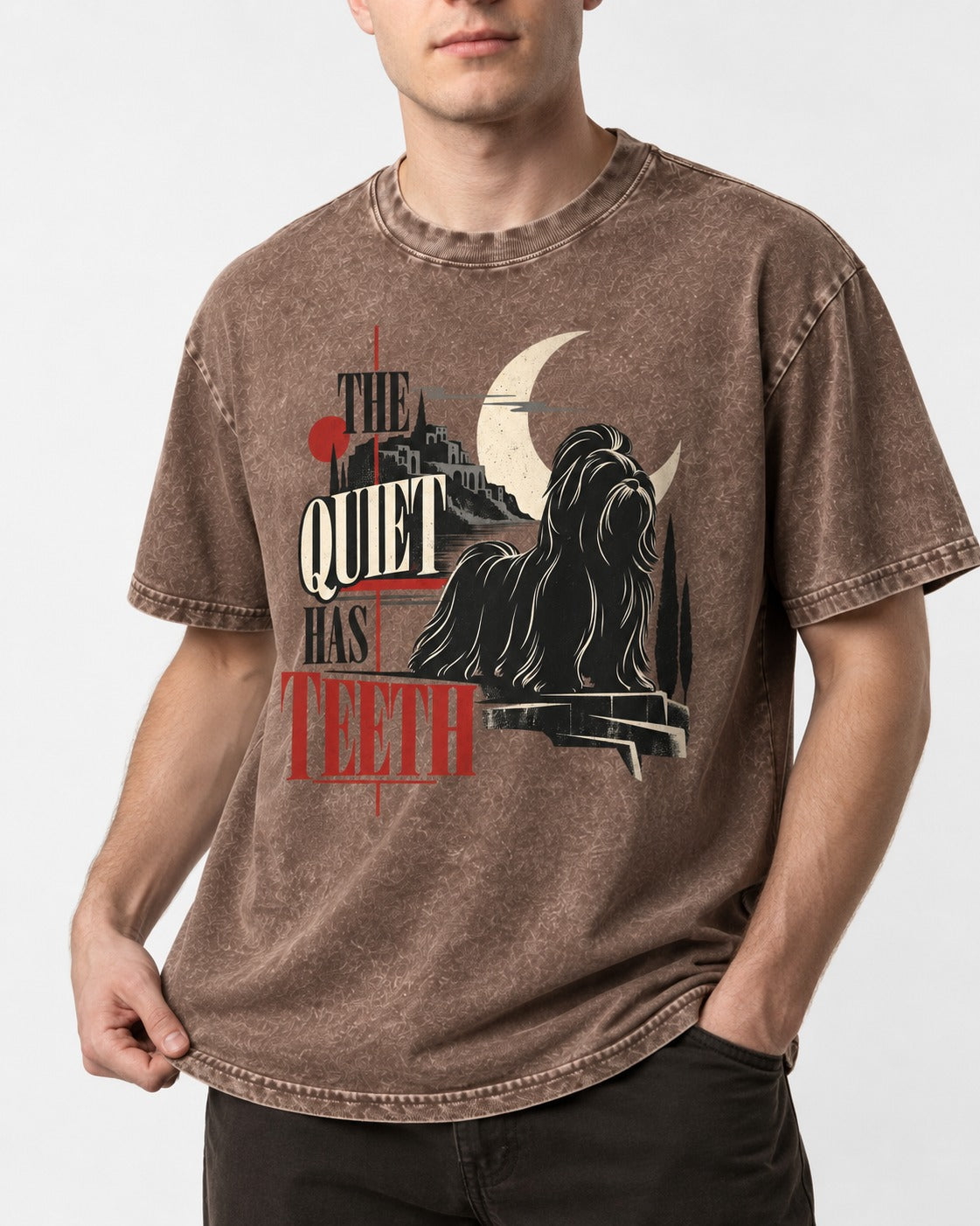 The Quiet Shih Tzu Has Teeth Washed Tee in Coffee, worn by a model, front view