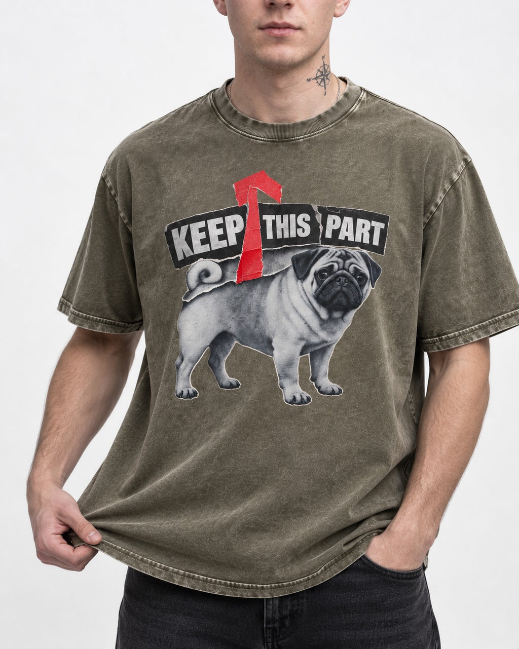 Pug Keep This Part Tape Arrow Graphic Washed Tee in Army Green, worn by a model, front view