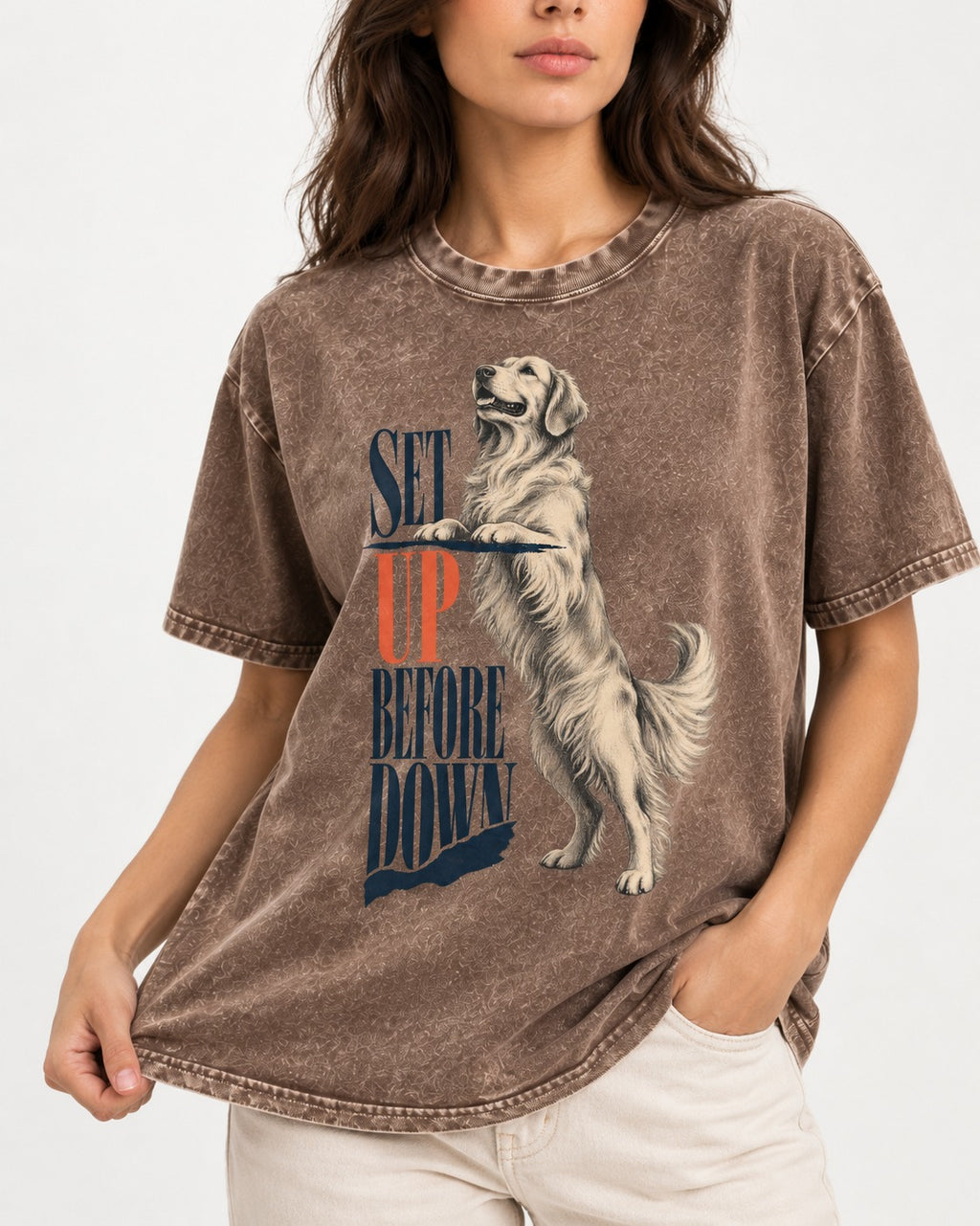 Golden Retriever Set Up Before Down Washed Tee in Coffee, worn by a model, front view