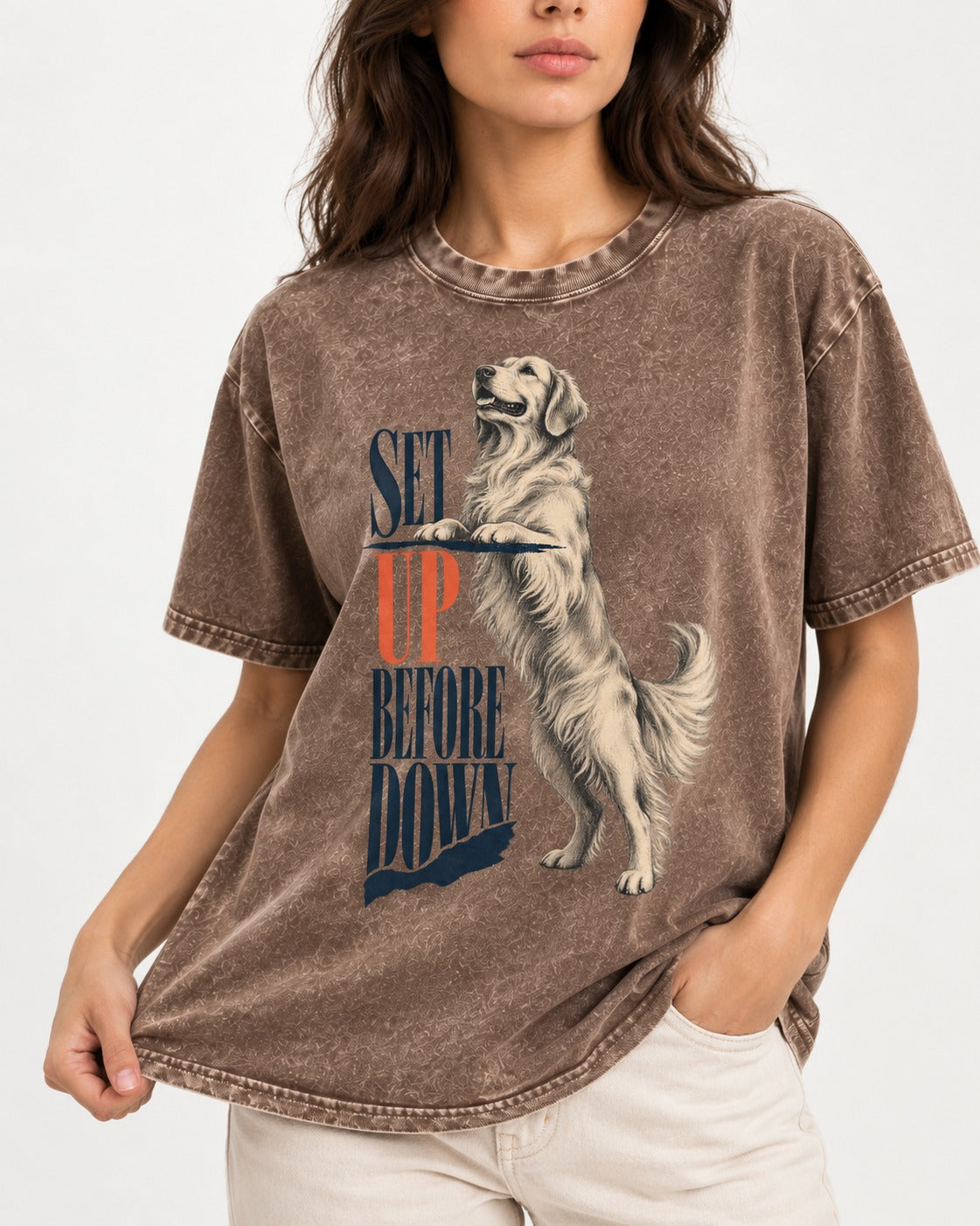 Golden Retriever Set Up Before Down Washed Tee in Coffee, worn by a model, front view