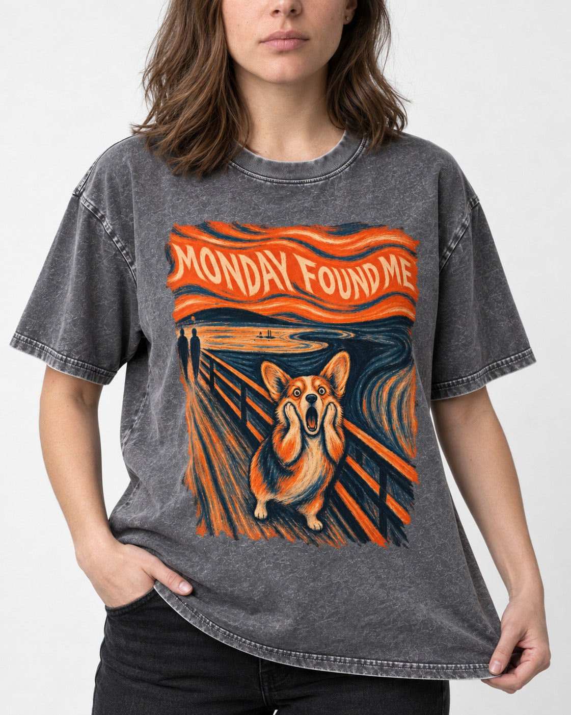 Corgi Monday Found Me Scream Banner Washed Tee in Gray, worn by a model, front view