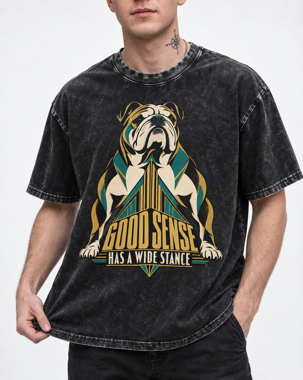 Good Sense Has a Wide Stance English Bulldog Graphic Washed Tee in Black, worn by a model, front view
