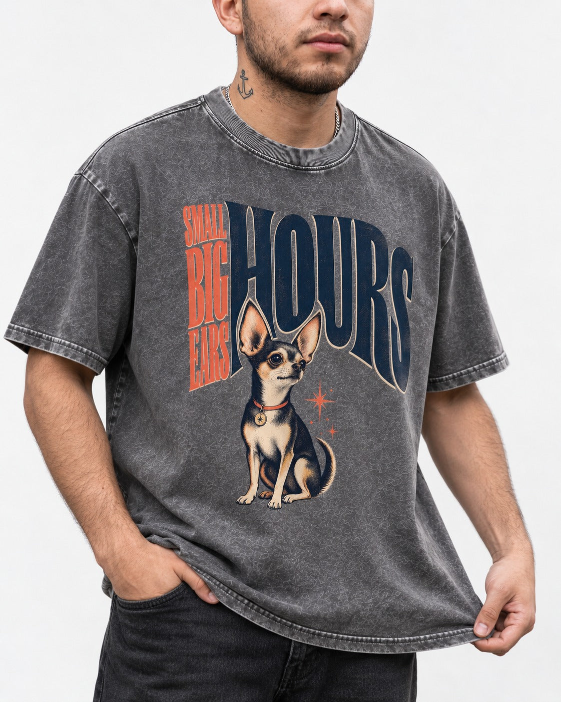 Chihuahua Small Big Ears Hours Washed Tee in Gray, worn by a model, front view