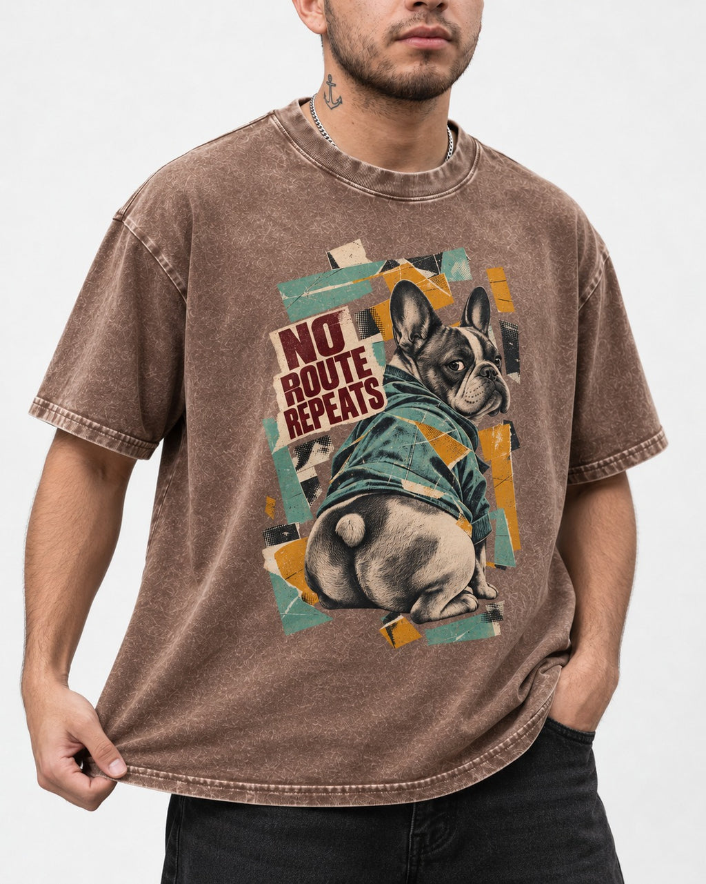 No Route Repeats Frenchie Washed Tee in Coffee, worn by a model, front view