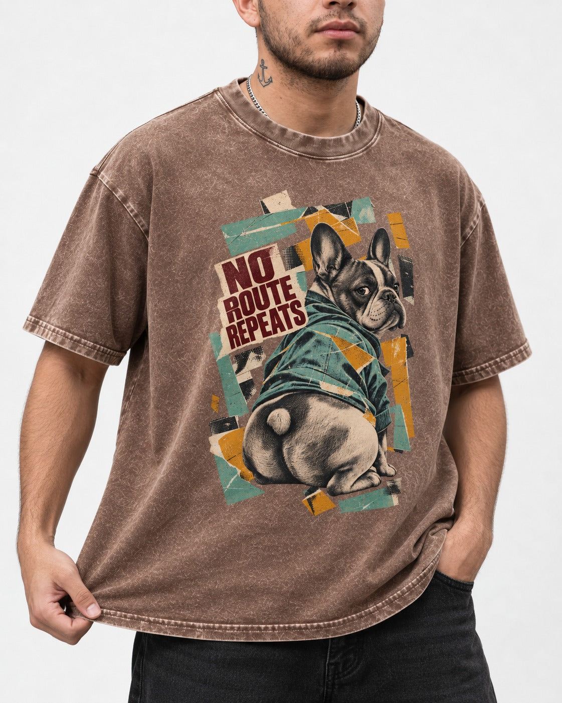 No Route Repeats Frenchie Washed Tee in Coffee, worn by a model, front view