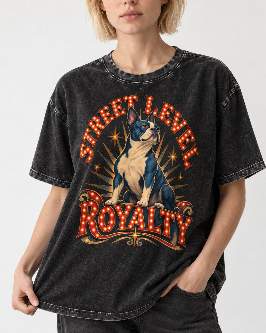 Street Level Royalty Boston Terrier Washed Tee in Black, worn by a model, front view