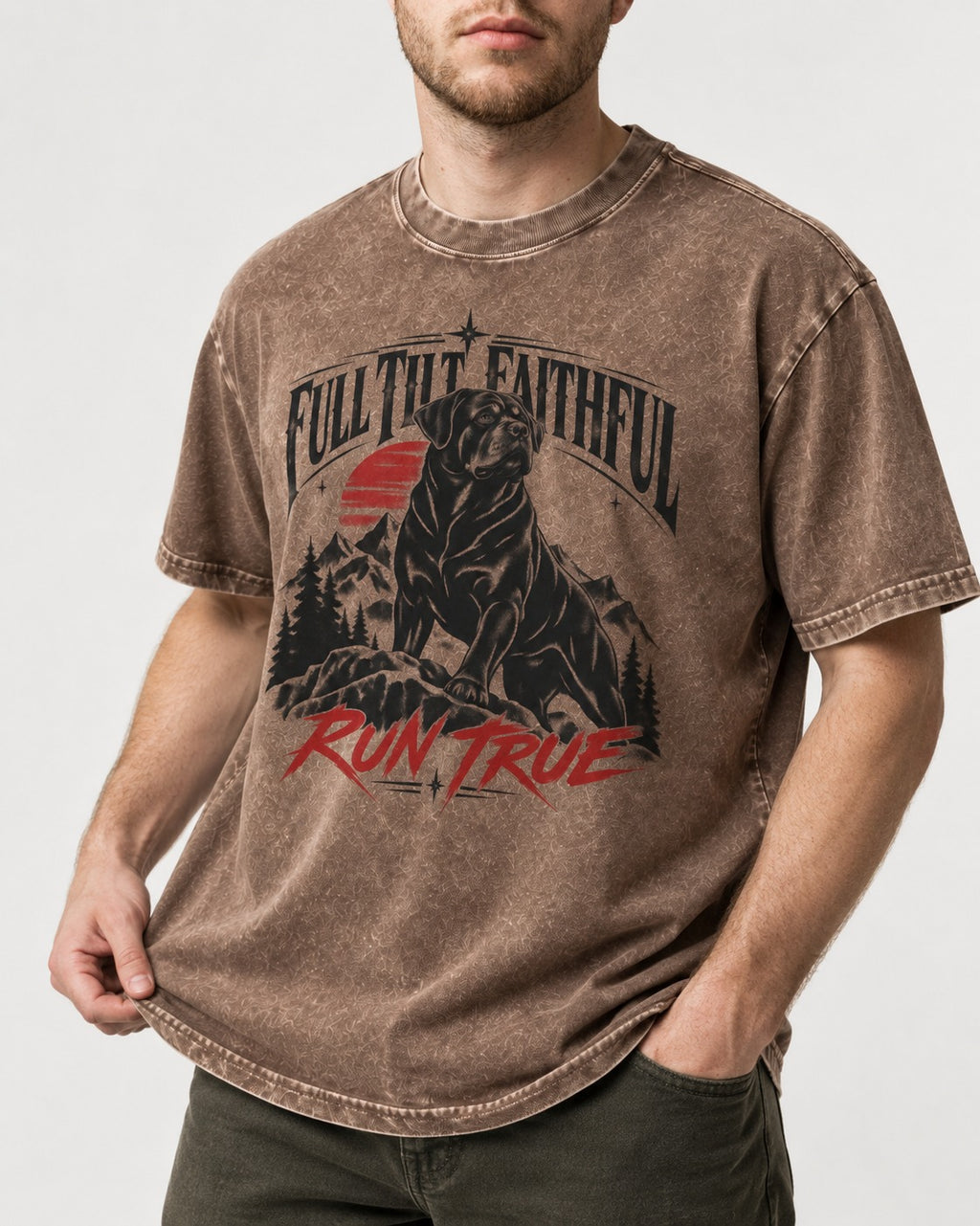 Run True Rottweiler Washed Tee in Coffee, worn by a model, front view