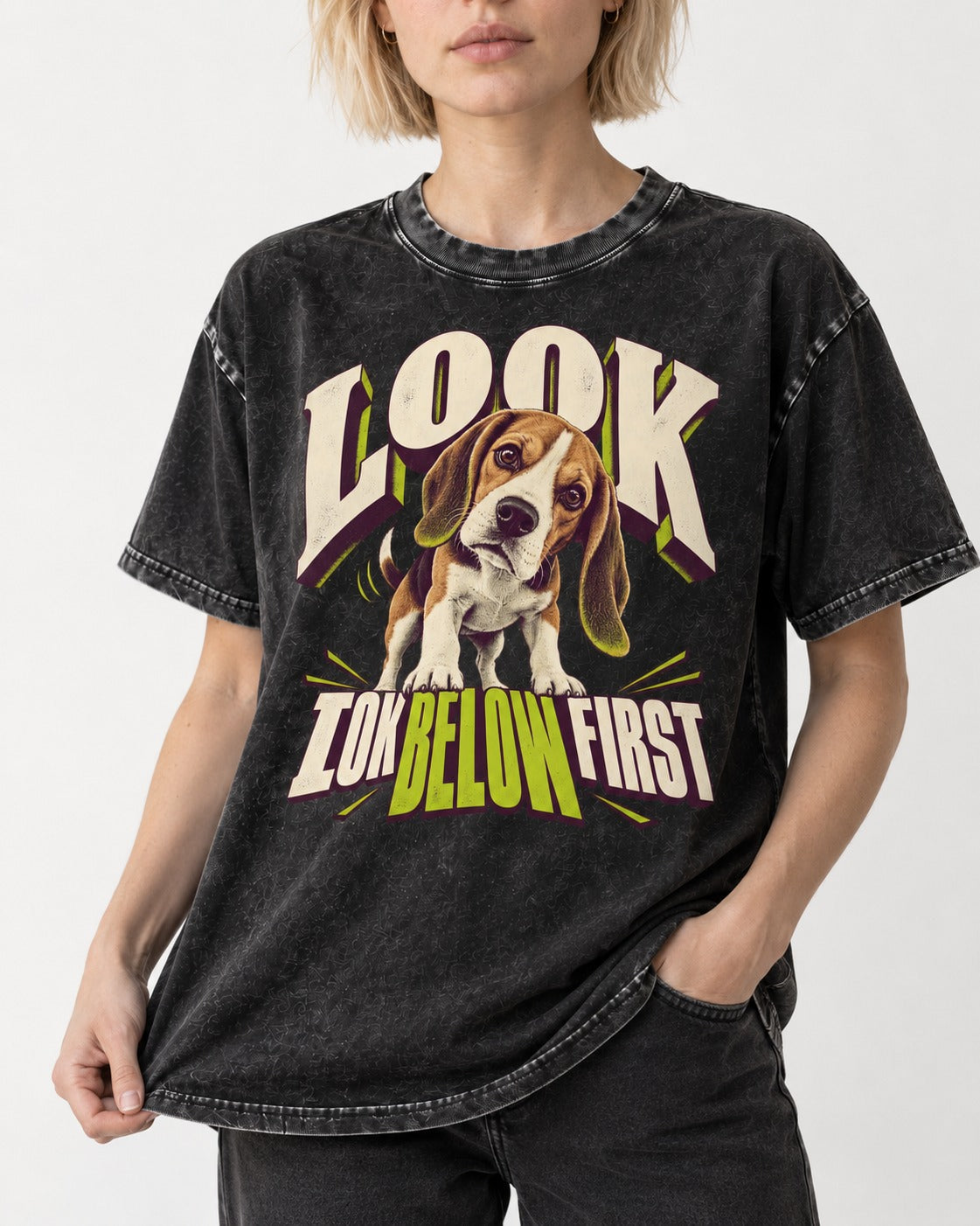 Beagle Look Low Below First Washed Tee in Black, worn by a model, front view