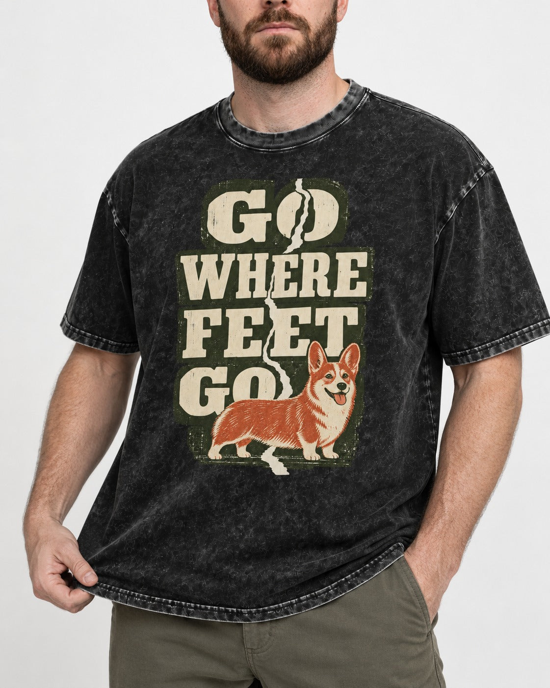 Corgi Go Where Feet Go Path Washed Tee in Black, worn by a model, front view