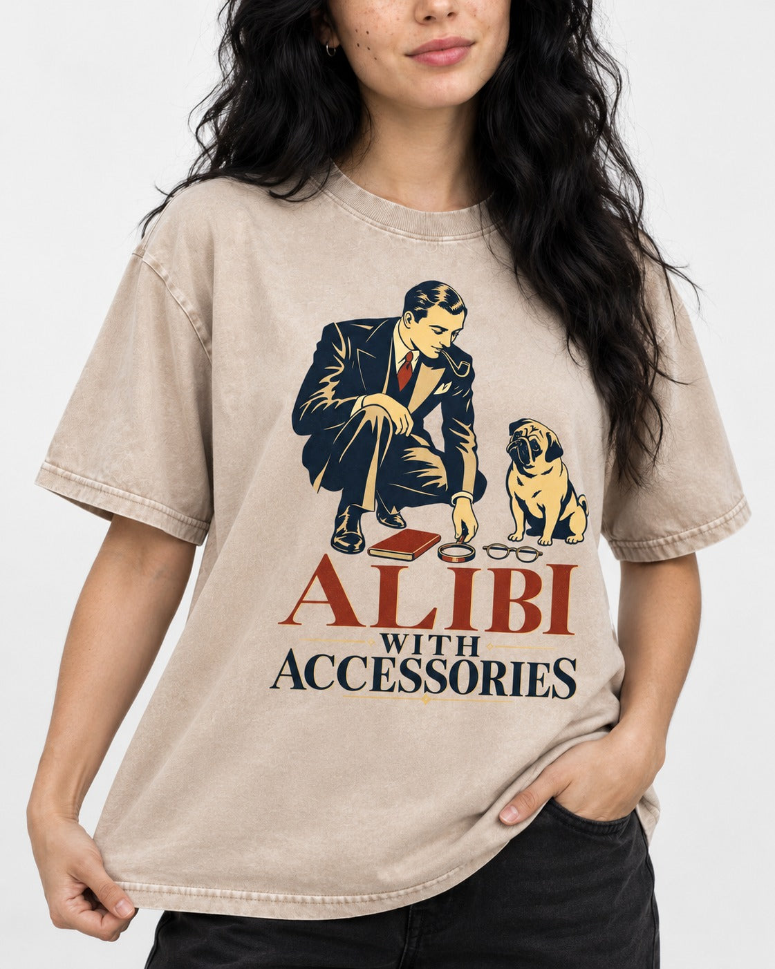 Pug Alibi with Accessories Washed Tee in Apricot, worn by a model, front view