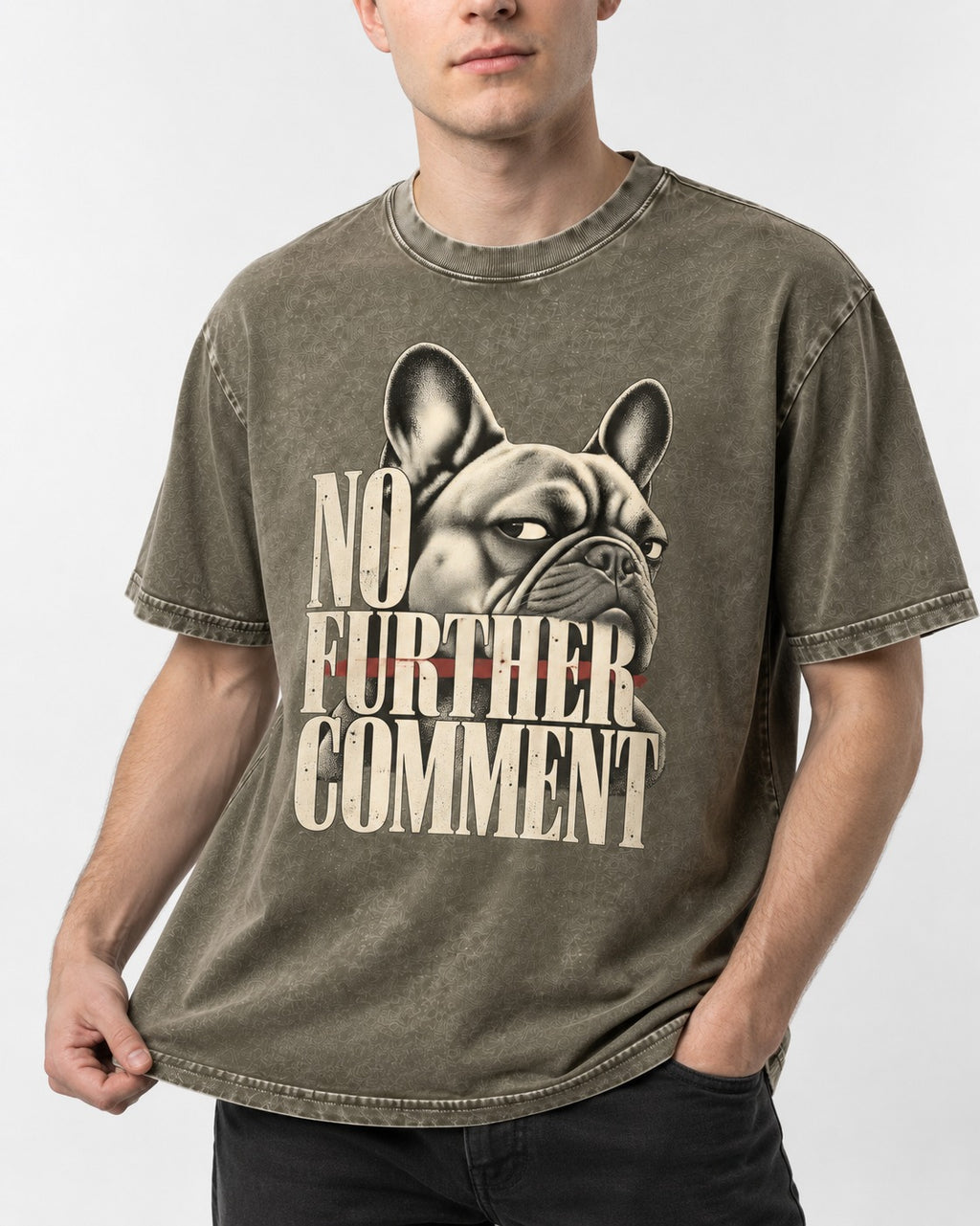 Frenchie No Further Comment Side Eye Graphic Washed Tee in Army Green, worn by a model, front view