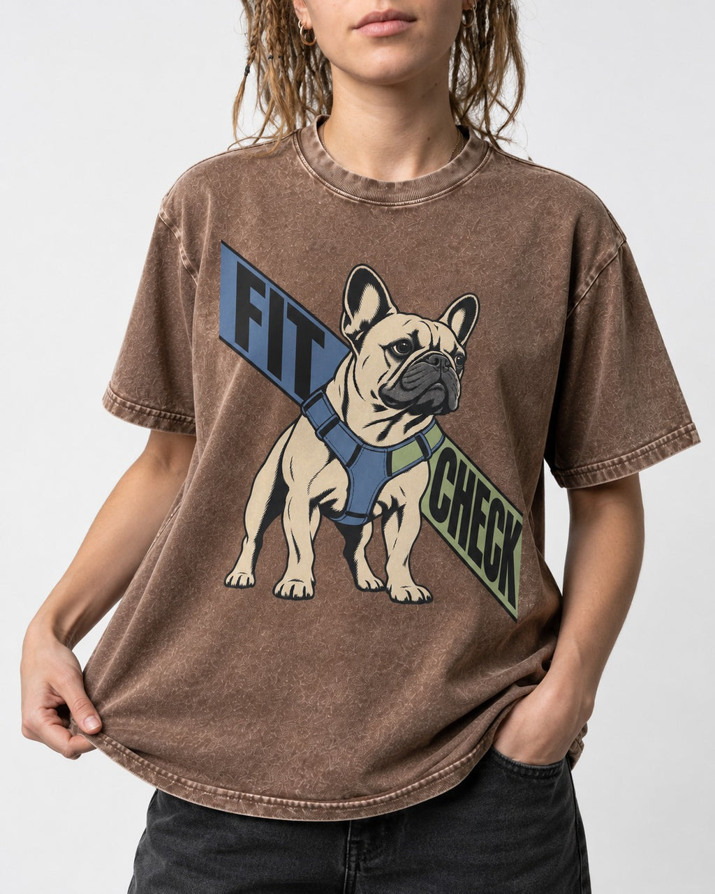 Frenchie Fit Check Washed Tee in Coffee, worn by a model, front view
