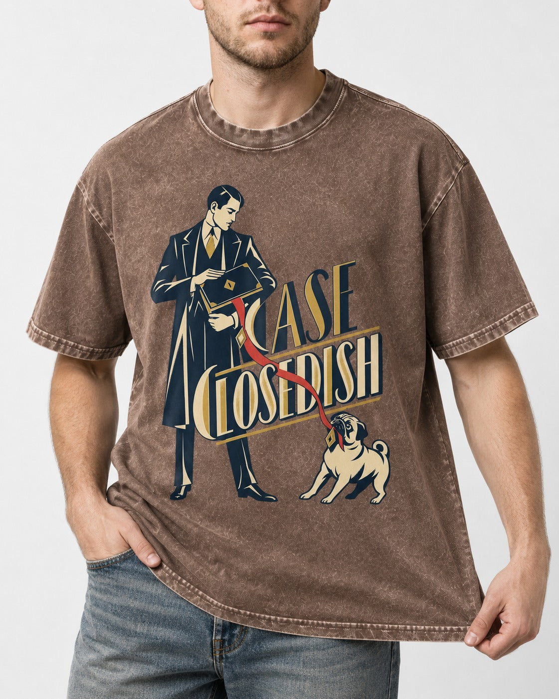 Case Closedish Pug Washed Tee in Coffee, worn by a model, front view