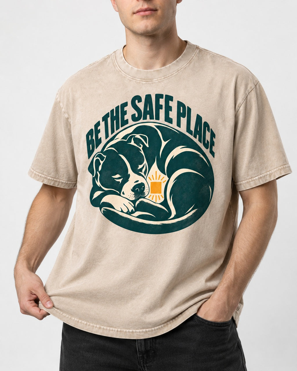 Pitbull Safe Place Washed Tee in Apricot, worn by a model, front view