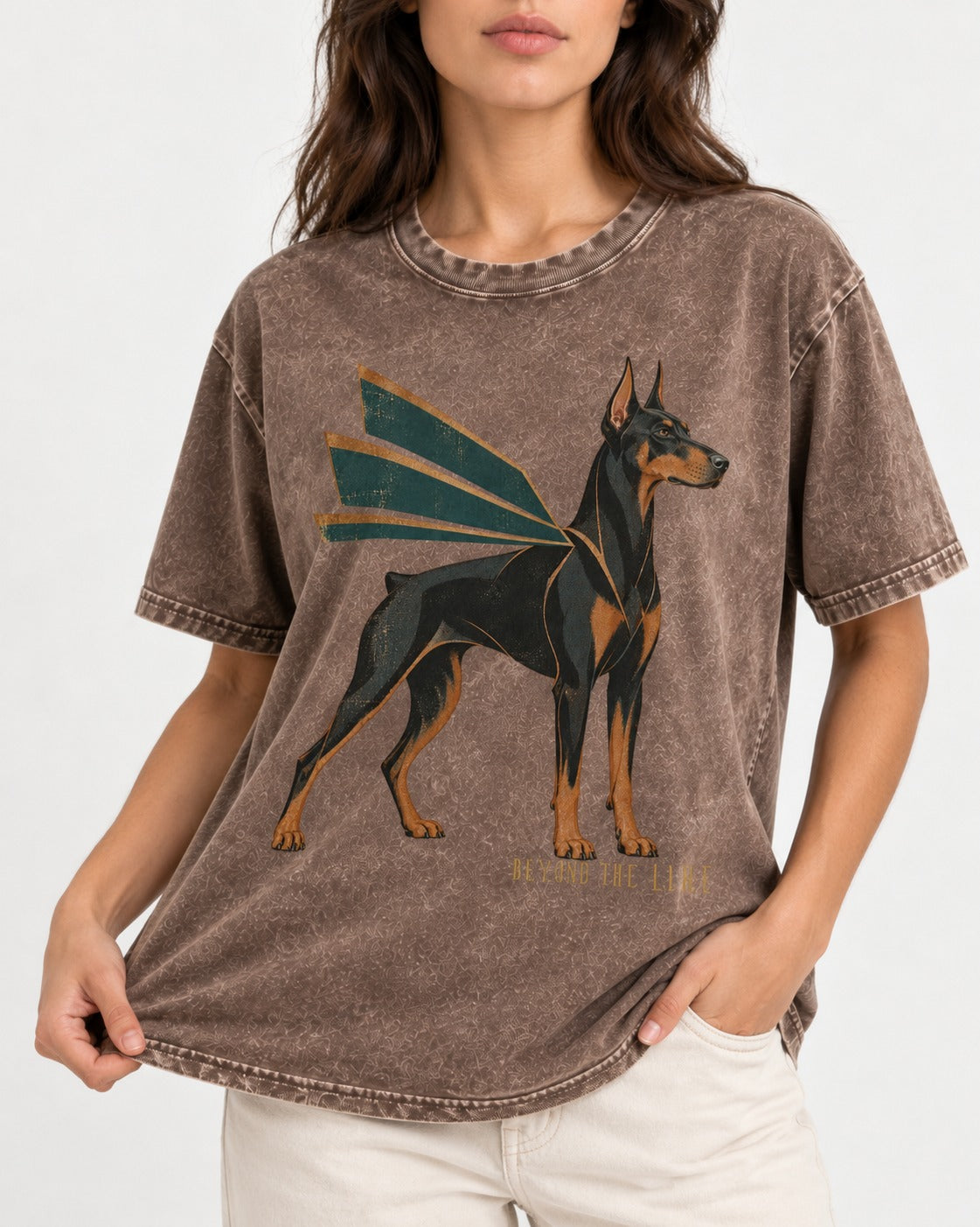 Release the Doberman Line Washed Tee in Coffee, worn by a model, front view