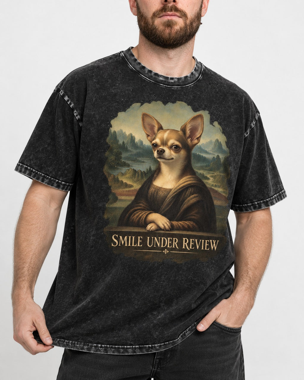 Chihuahua Smile Under Review Mona Lisa Portrait Washed Tee in Black, worn by a model, front view